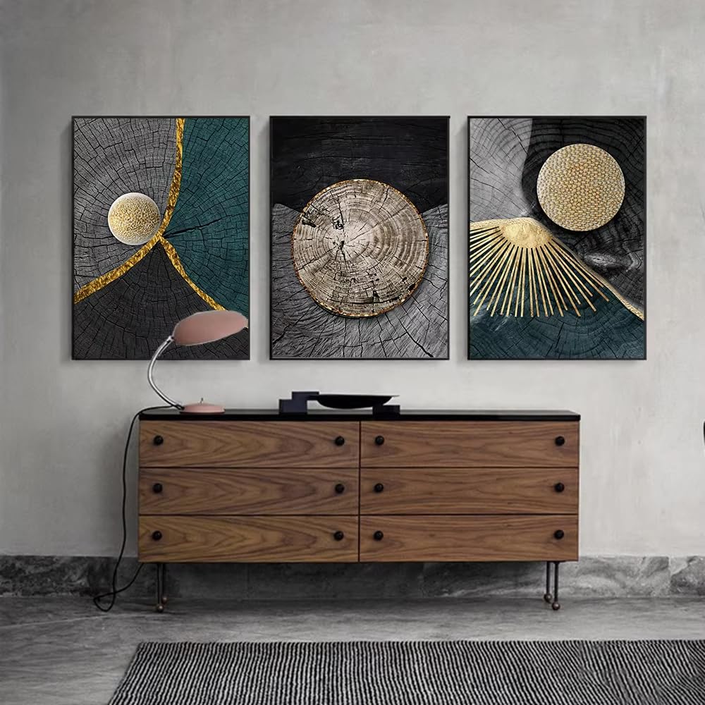 Tableau abstrait texturé bois noir doré art mural moderne