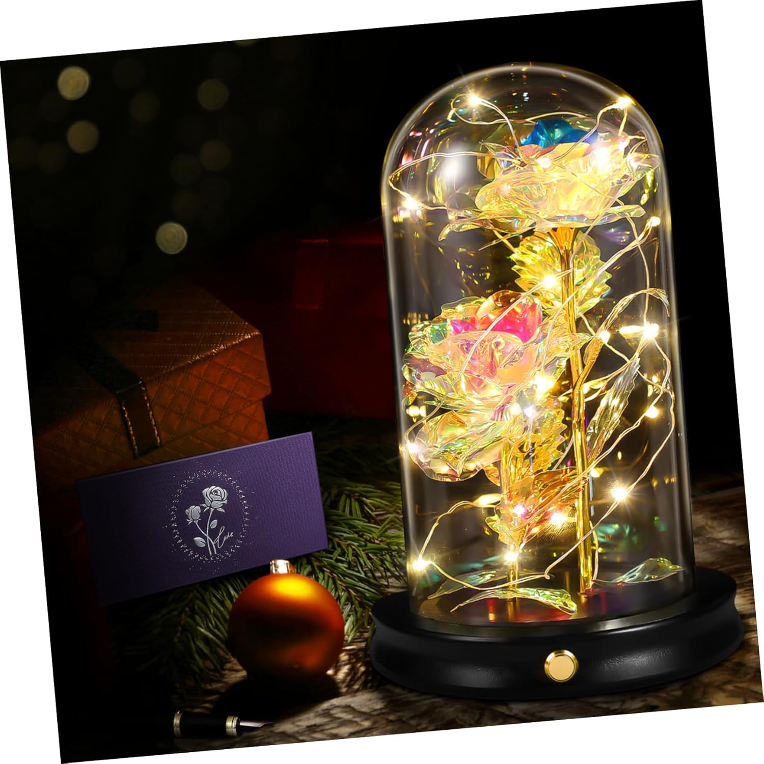 Angoily Double Foil Led Roses in Glass Dome with Lights Luxurious for Valentine's Day Mother's Day Anniversaries and Weddings Decorative Desk Lamp with Base