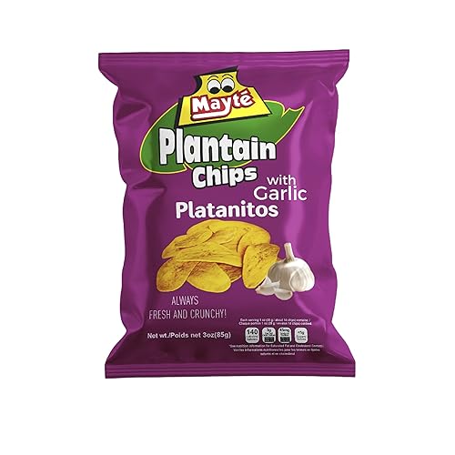 Mayté Chips de ajo  Snacks saludables  Snacks de 3 onzas  Sin OMG  Snacks sin gluten  Kosher  Chips de ajo fritos  Chips de plátano