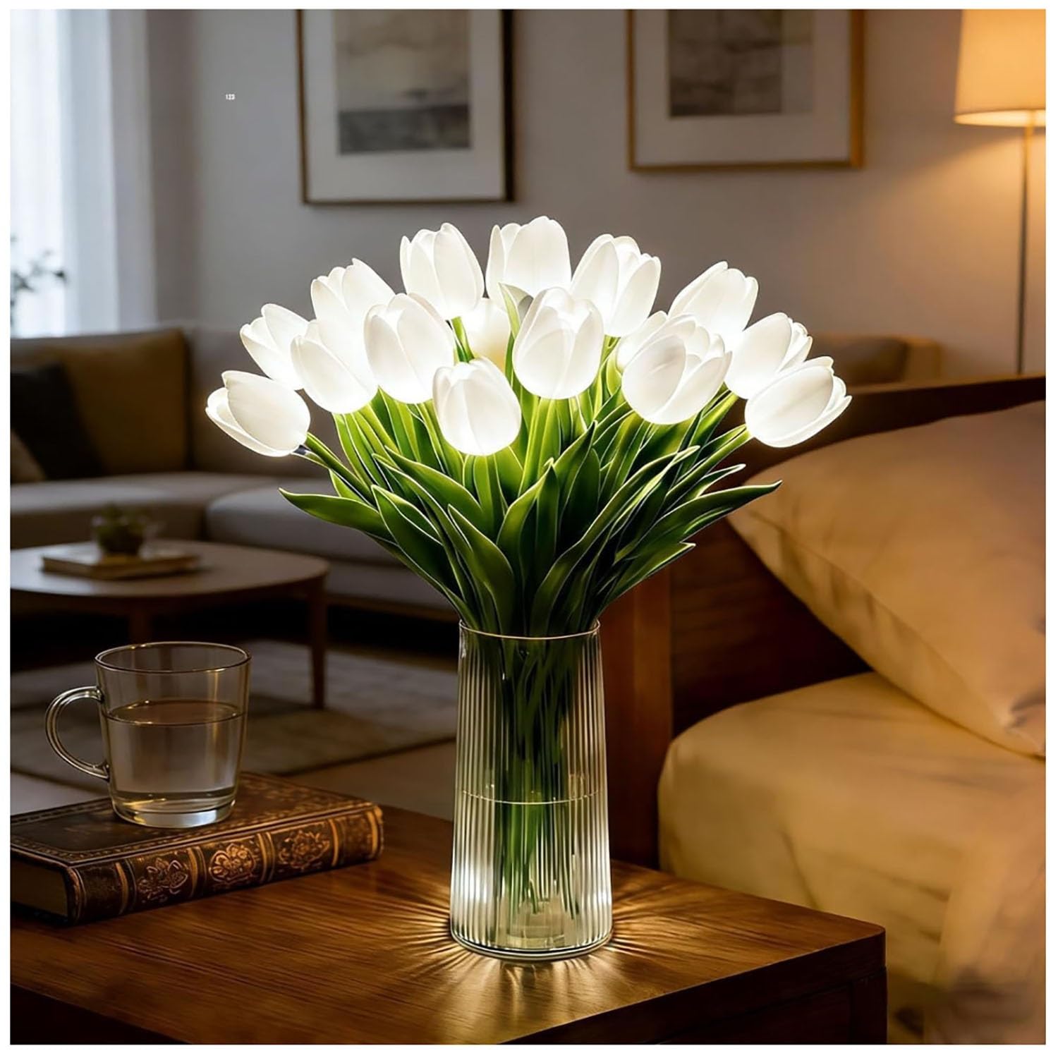 Quesardens Women's White Tulip Led Table Lamp, Battery Operated Flower Night Light With Vase, 15Pcs Artificial Tulip Light For Bedroom Living Room Decor, Romantic Ambient Light As Gift For Girls(,Includes Vase)