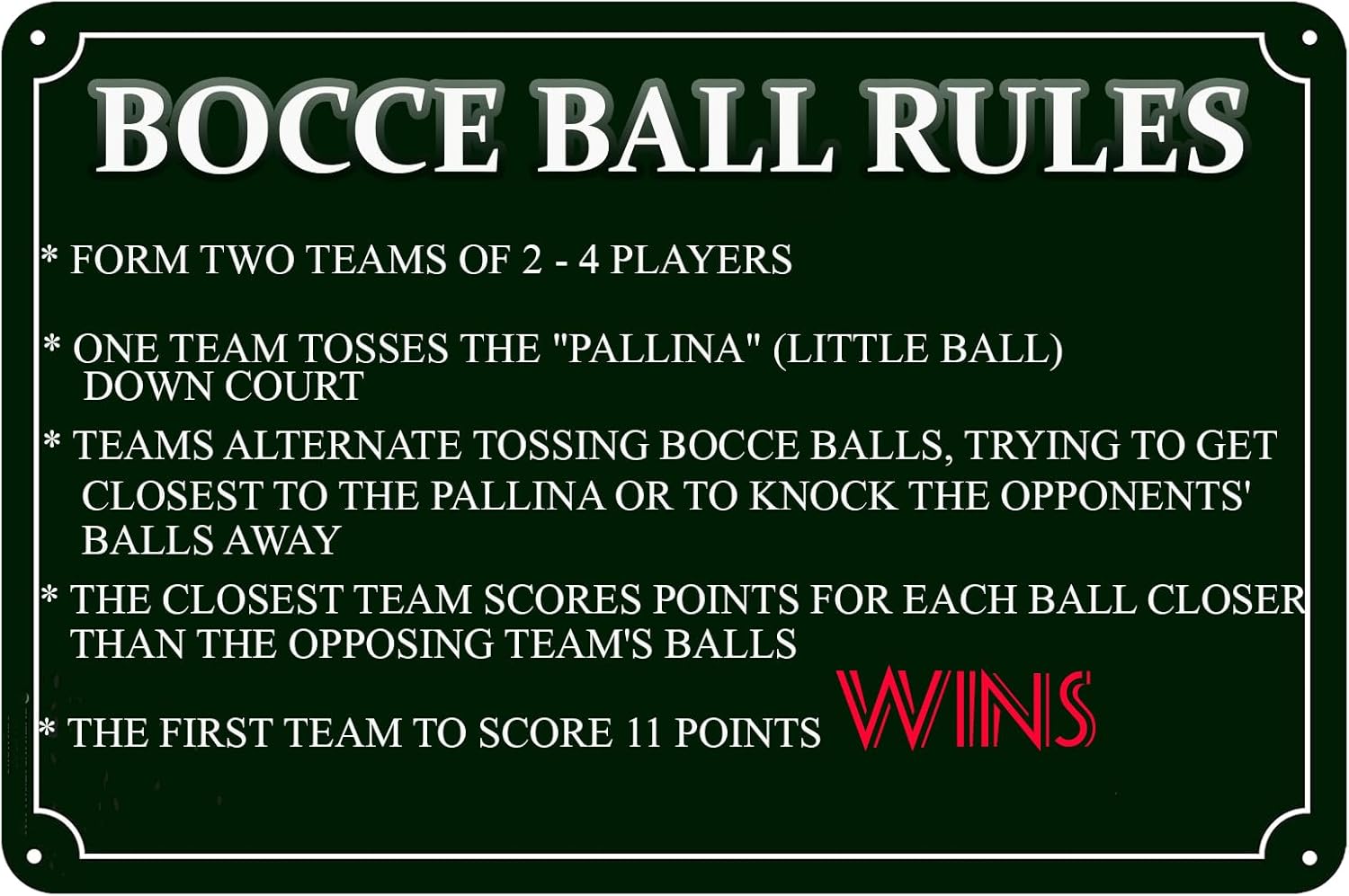 Bocce Ball Rules Vintage Metal Tin Sign Scoring Rules