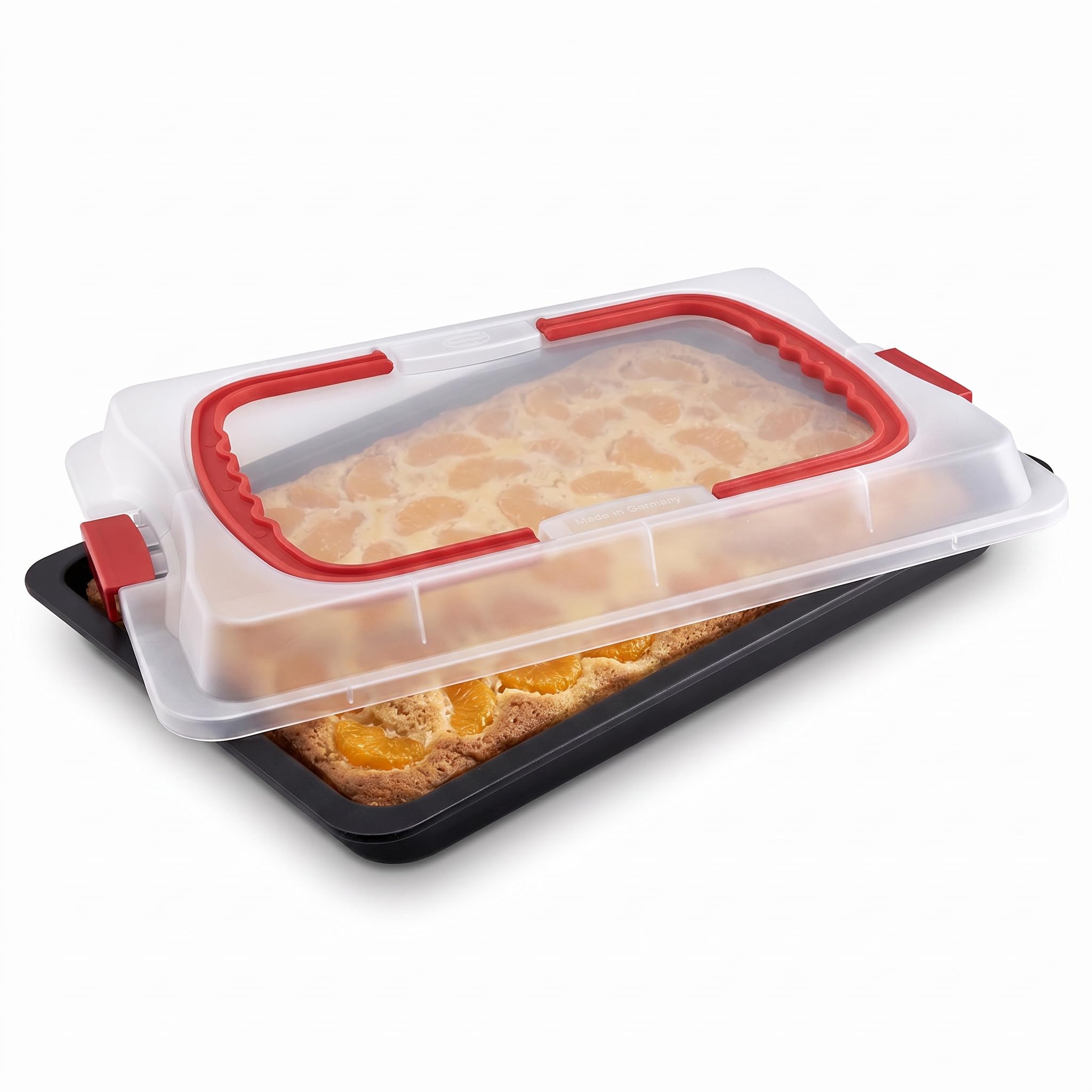 Dr. Oetker Bake & Go, plat à pâtisserie avec cloche de transport, Plaque de cuisson en Acier inoxydable et son couvercle en plastique, 42 x 29 x 4 cm | Plateau à gâteau rectangulaire avec couvercle antiadhésif pour gâteaux et gâteaux