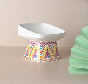 KUTKUT Newest 2022 Style Square Bohemian Pattern Ceramic Elevated Food Bowl Protect Pets spines and Neck, Anti Vomiting Porcelain Stress Free Tilted Bowl for Cats and Small Dogs (Large)