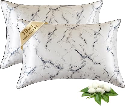 THXSILK Set of 2 Natural Mulberry Silk Pillowcase for Hair and Skin, Grade 6A+ Natural Mulberry Silk Pillowcase, Soft Breathable Zipper Pillow Case Queen Size 20"x30", Grey Marble