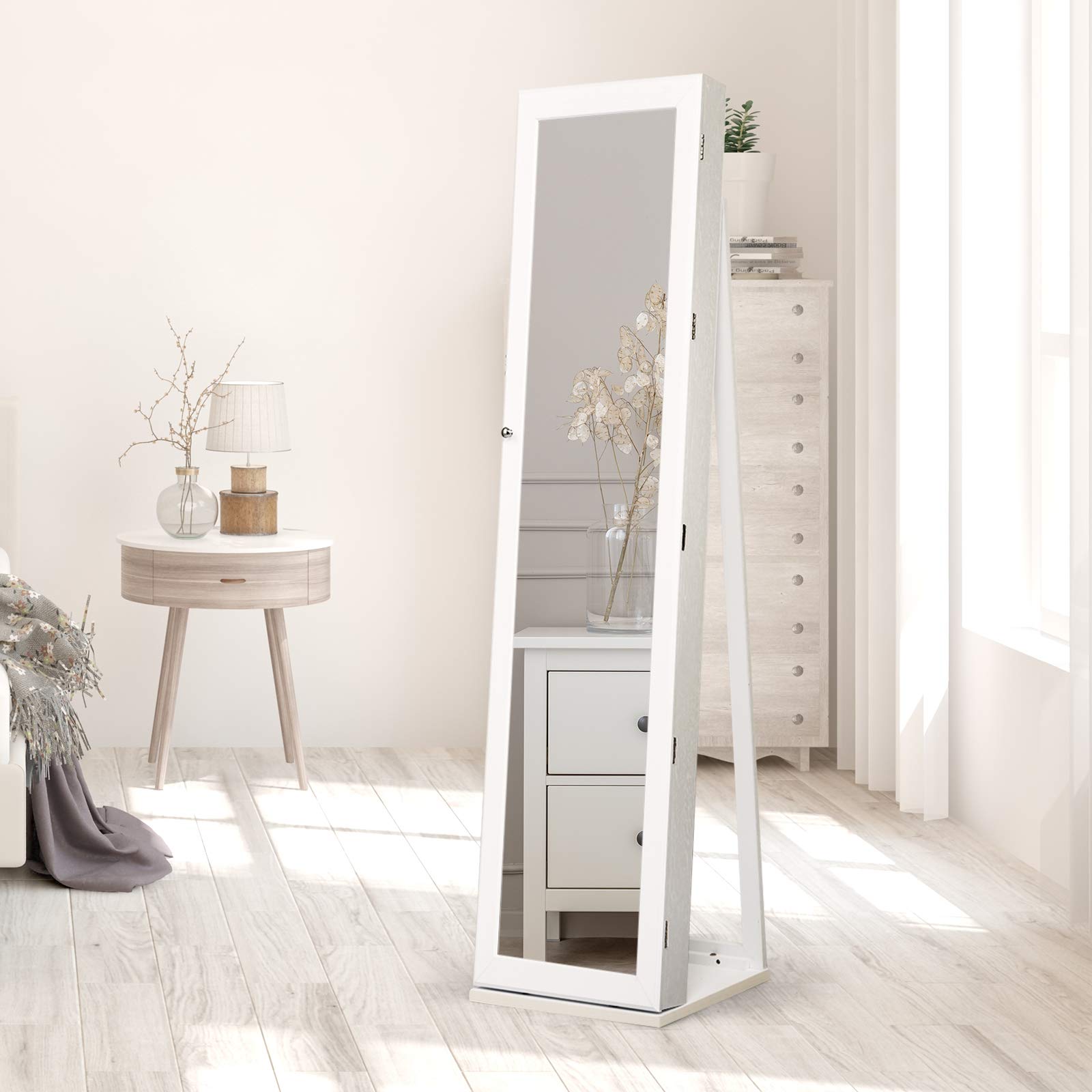 GOPLUS Schmuckschrank mit Spiegel, Spiegelschrank stehend mit großem Stauraum, Lagerregalen und Umkippschutz, Standspiegel Schmuck Organizer abschließbar für Schlafzimmer Wohnzimmer (Weiß)