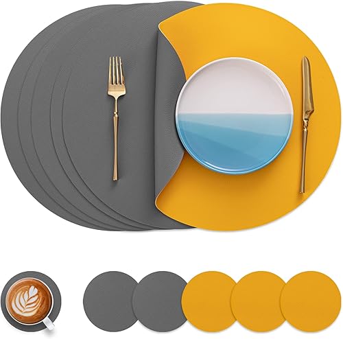 Miniatura 20 de Myir JUN Juego de 4 manteles individuales redondos de cuero sintético y posavasos 38 cm de diámetro para mesa redonda, manteles individuales de Gris