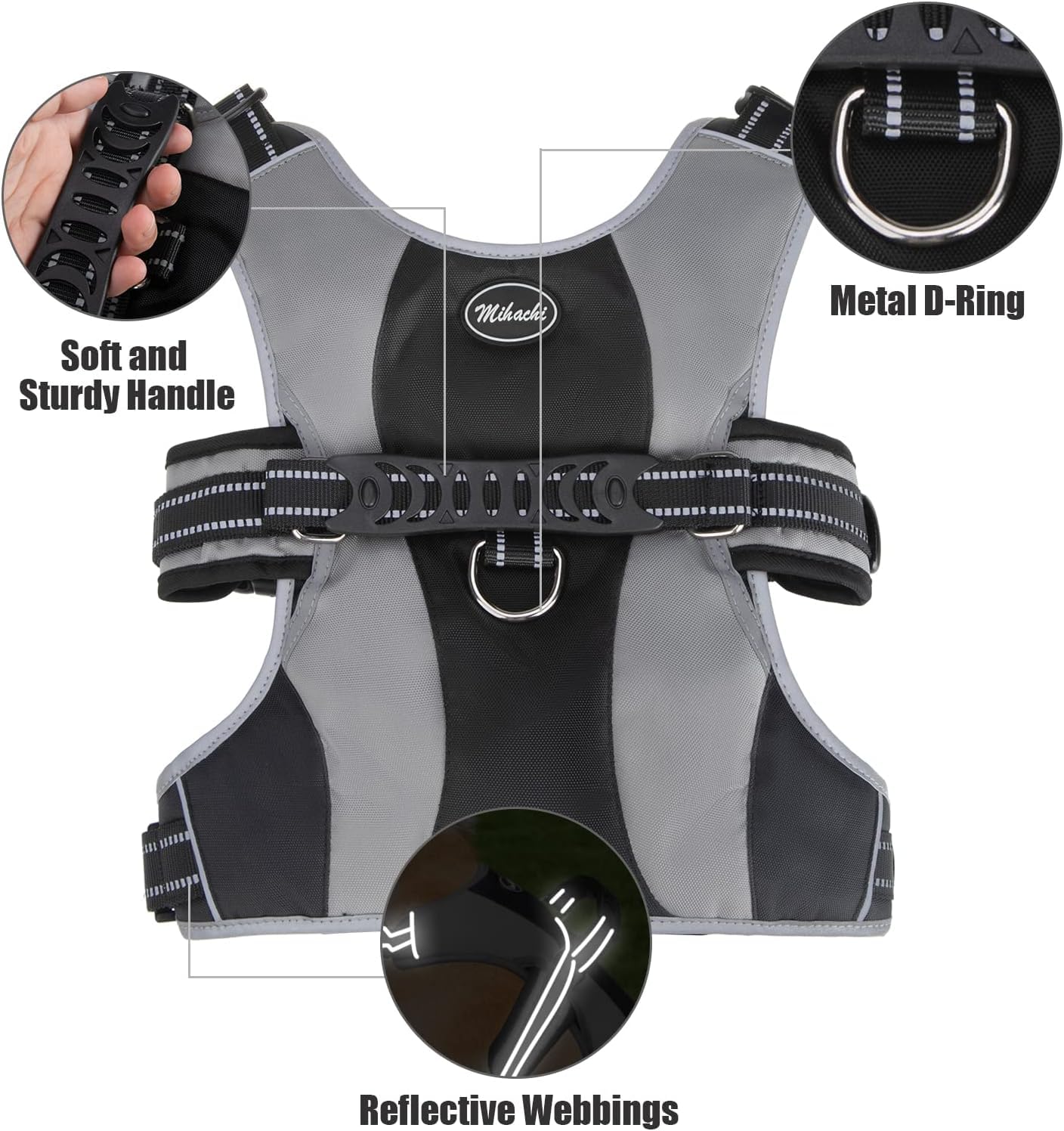 Mihachi Medium Black & Grey Dog Harness - No Pull Reflective Night Safety, Lift Handle Easy Control for Dogs - Image 3