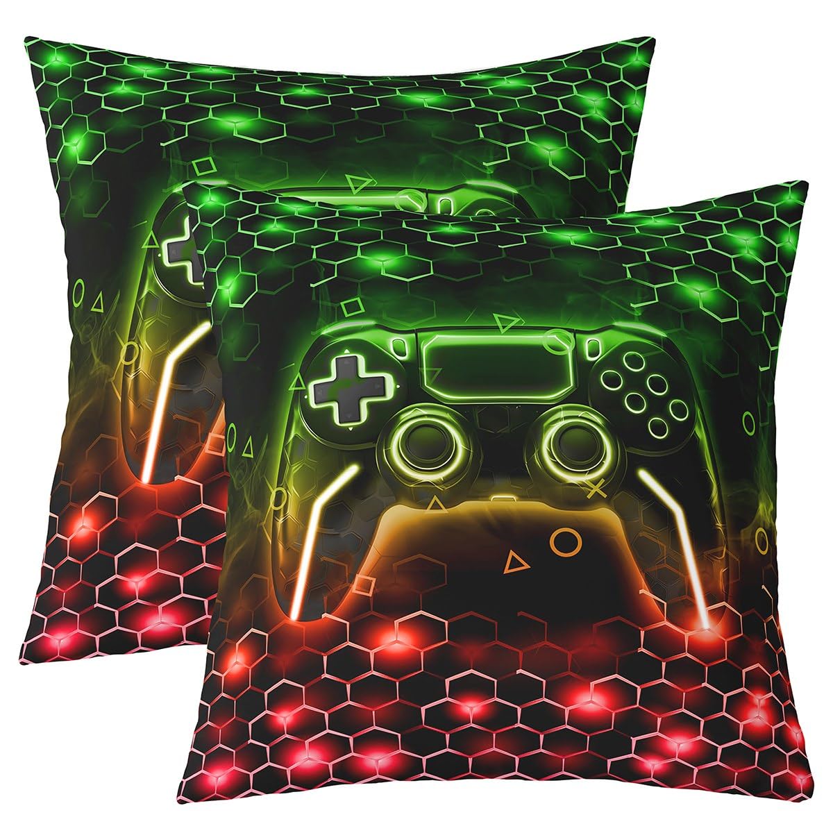 Homemissing Spieler Kissenhülle Gaming Waben Kissenbezüge 50x50cm Spiel Controller 2er Set Kissenbezüge Kissenbezug Sechseck Gaming Geschenke Grün Gelb Rot Dekokissen