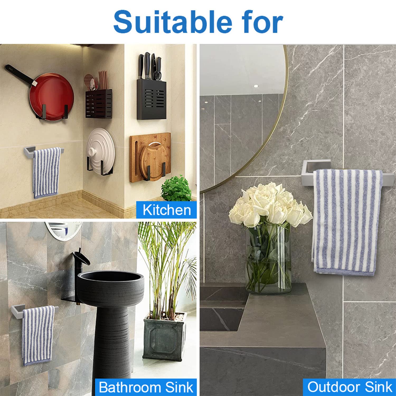 TocTen Soporte para toallas de mano/anillo para toalla – Gancho grueso de acero inoxidable SUS304, toallero de pared resistente de 9 pulgadas, barra cuadrada para toallas de baño (cepillo, 2 unidades