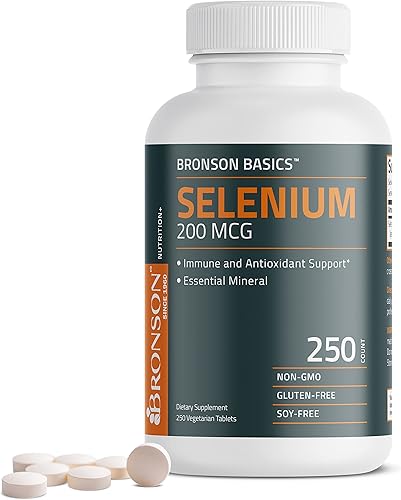 Bronson Selenium 200 mcg - Mineral esencial de apoyo inmunológico y antioxidante 250 tabletas vegetarianas