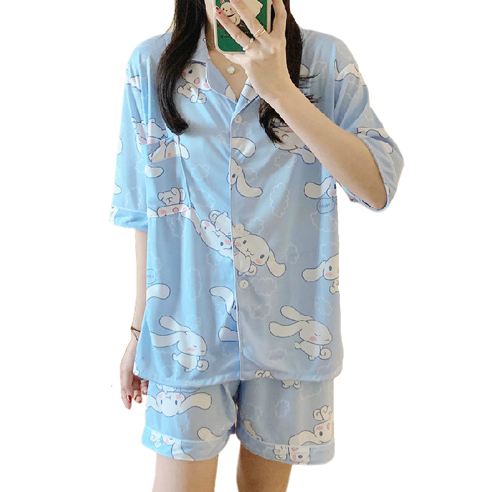 Ocroyea Kawaii Pajamas For Women Two-Piece Set Cute Cartoon Girls Pajamas Casual Cardigan Sleepwear Home Clothes