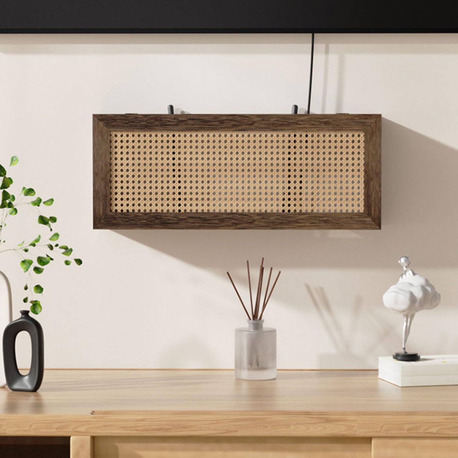 Rattan-WLAN-Router-Aufbewahrungsschrank for Kabelmodems und Netzwerkgeräte – Hölzerne WLAN-Router-Box, stilvolles Design mit Belüftung und Kabelmanagement(50 * 13 * 20cm)