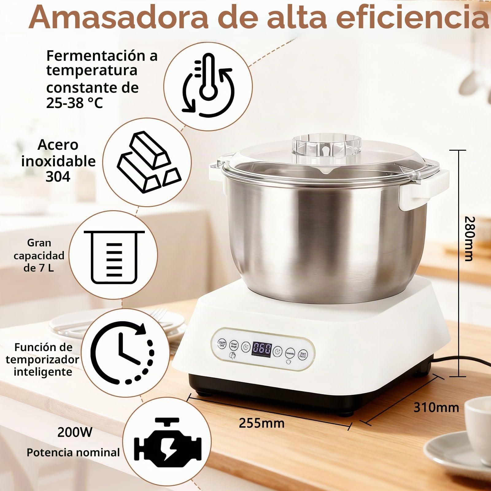 Amasadora de pasta de acero inoxidable, 7 l, gran volumen, con función de fermentación termostática (25 – 38 °C), amasadora automática con cuchilla de corte para cocinar en casa