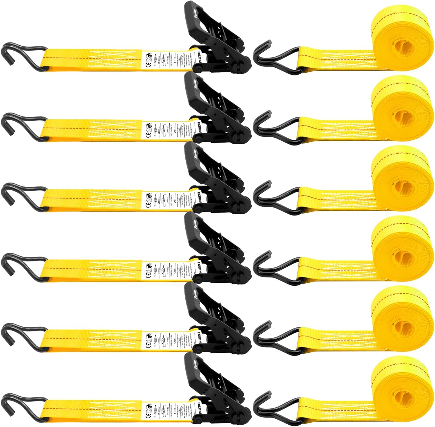 6 Pack 2 inch Ratchet Straps Heavy Duty J Hook 2 in x 15ft with Strong Ratcheting, Cargo Load Tie Down Strap 2200lbs Working Load for Trucks Yellow