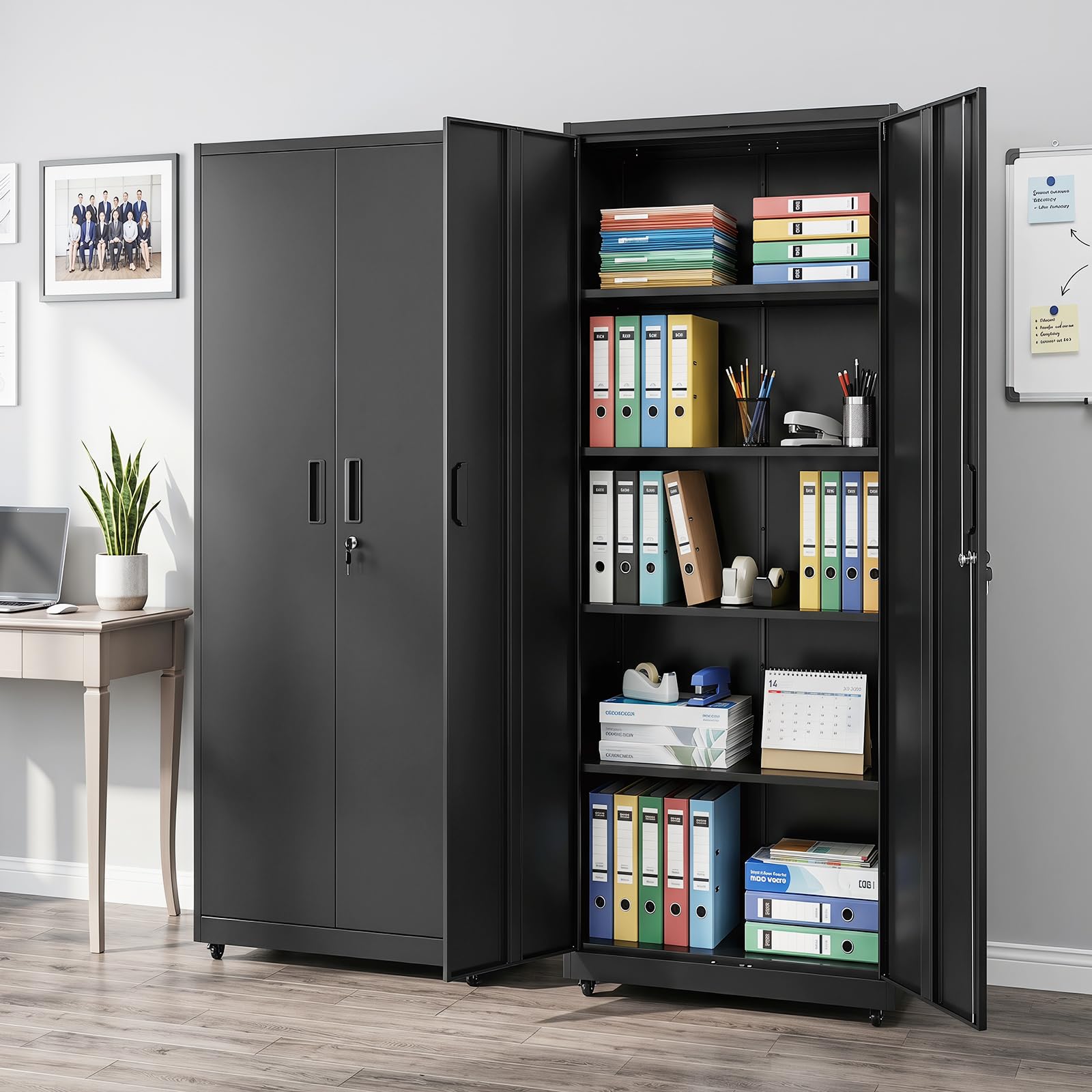 COSTWAY 5 Ebenen Aktenschrank abschließbar mit Doppeltür & Rollen (Schwarz)