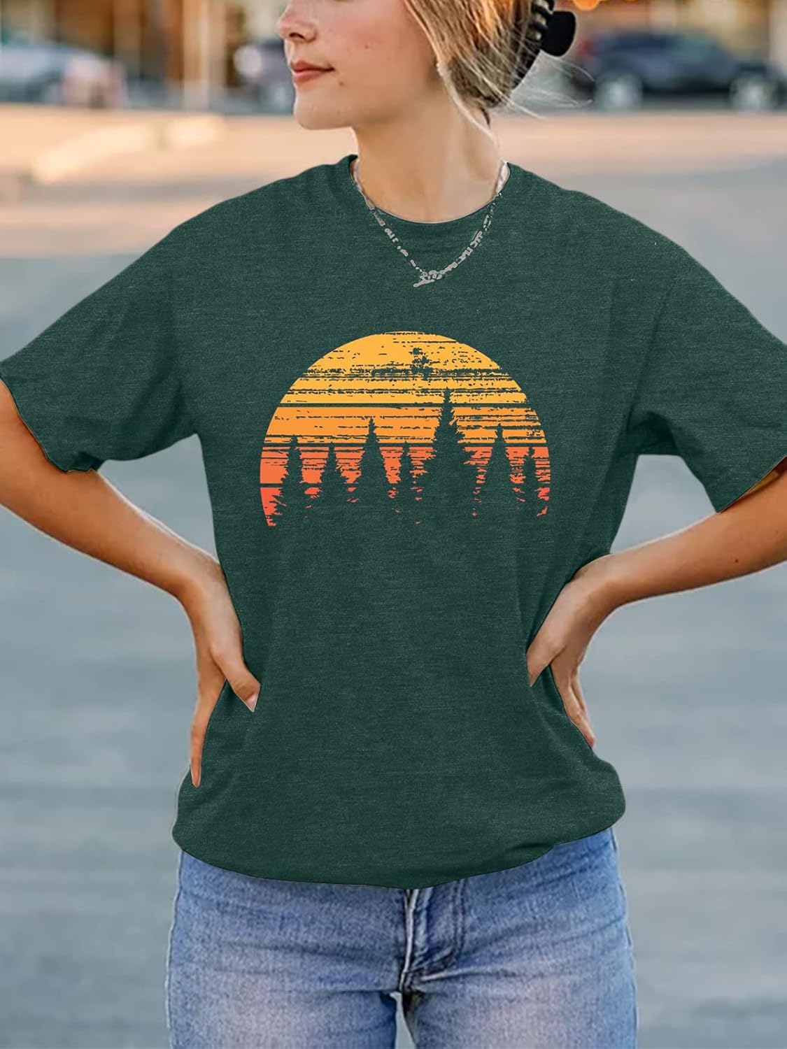 GEMLON Sunset Pine Tree Tshirt Women Camping Tshirt Retro Sun Print Graphic Tee Casual Short Sleeve Top - Image 3
