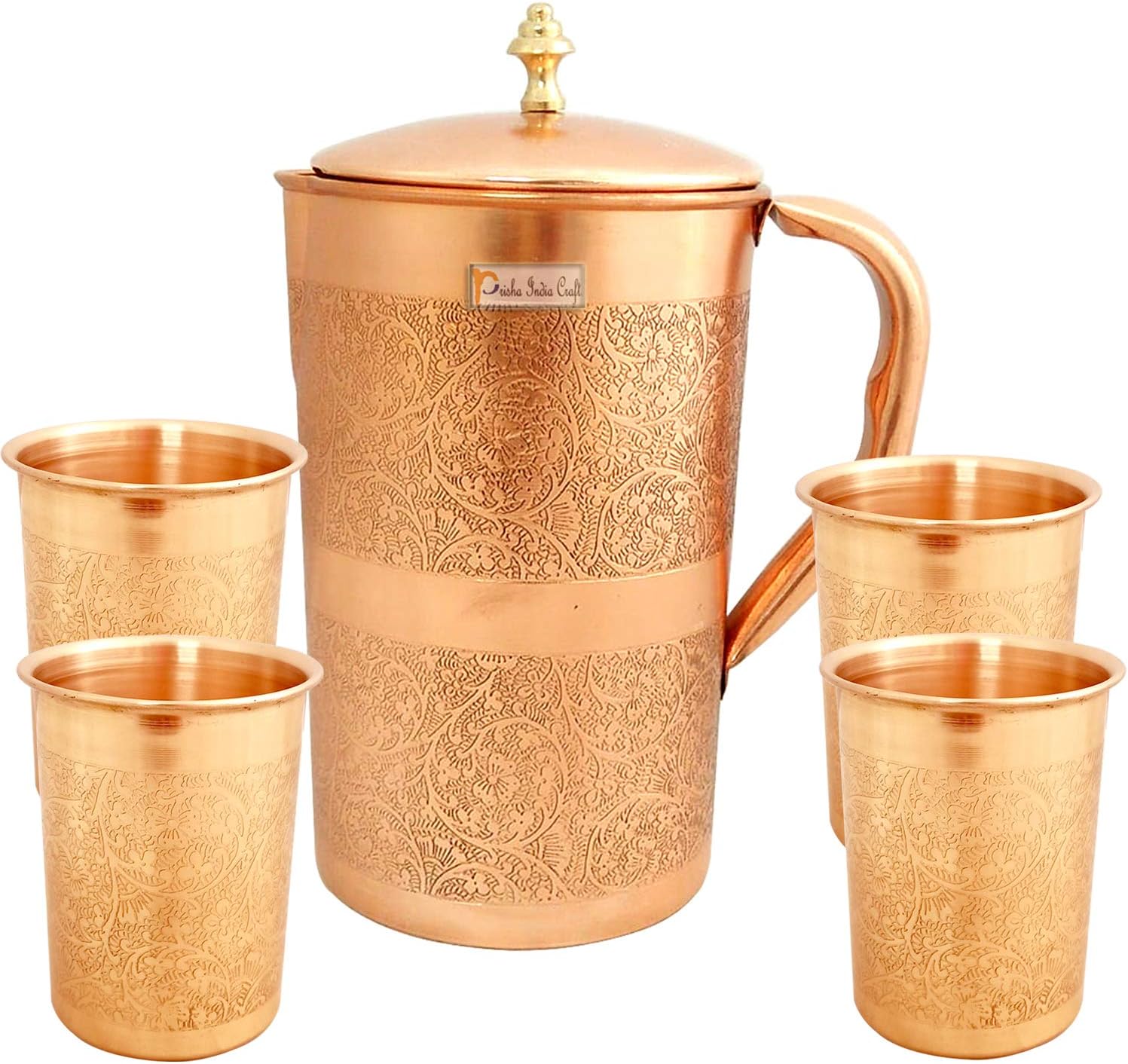Prisha India Craft Embossed Design Pure Copper Water Jug Pitcher 1200 ML with 4 Copper Glass Tumbler 300 ML Each, 5 Pieces (Brown)