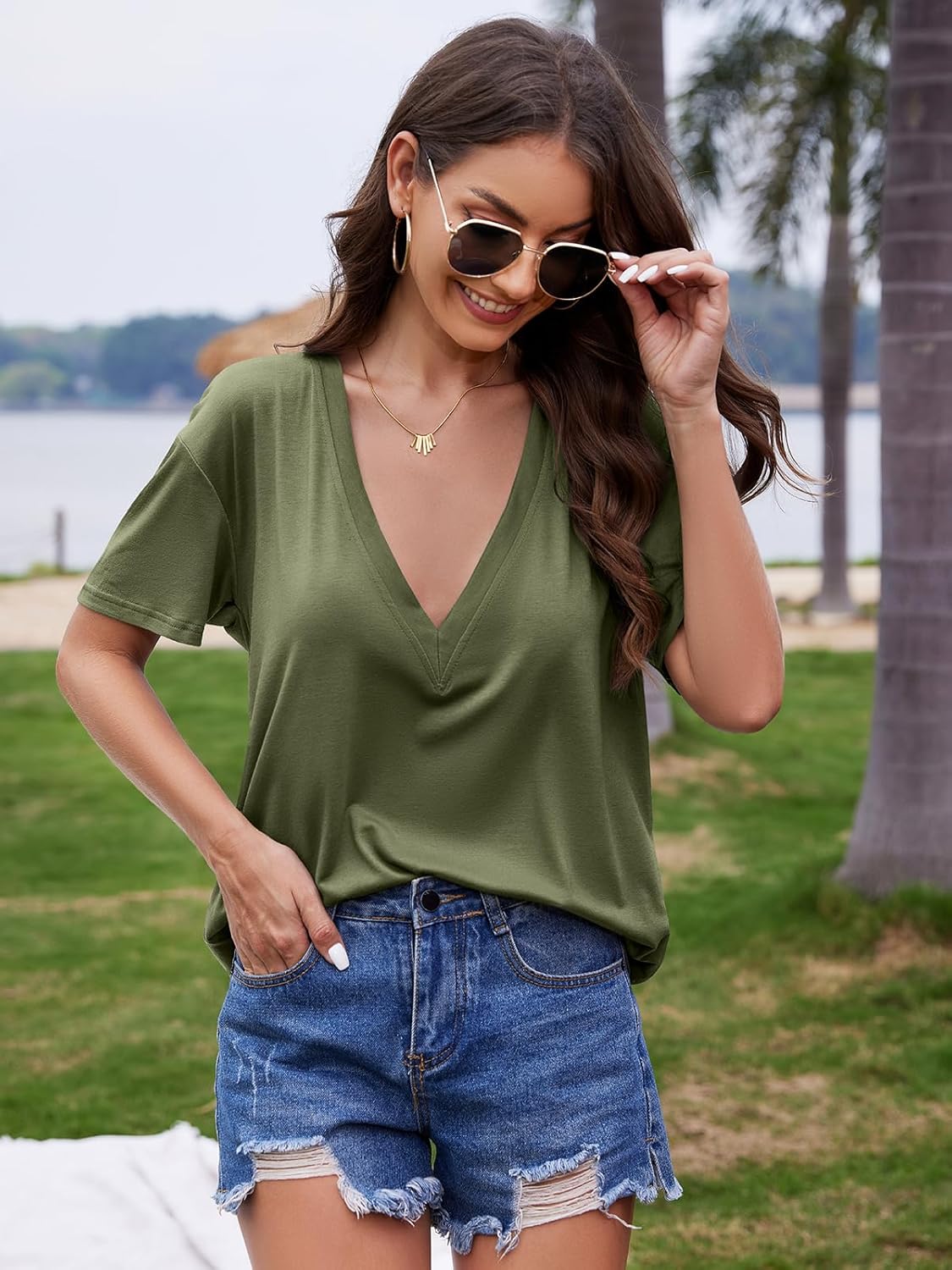 UNCLECAT Womens Deep V-Neck T Shirts Sexy Short Sleeve Tops Summer Oversized Tee - Image 2