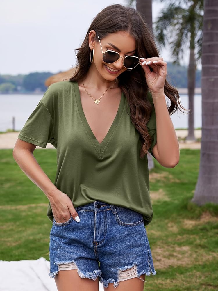 UNCLECAT Womens Deep V-Neck T Shirts Sexy Short Sleeve Tops Summer