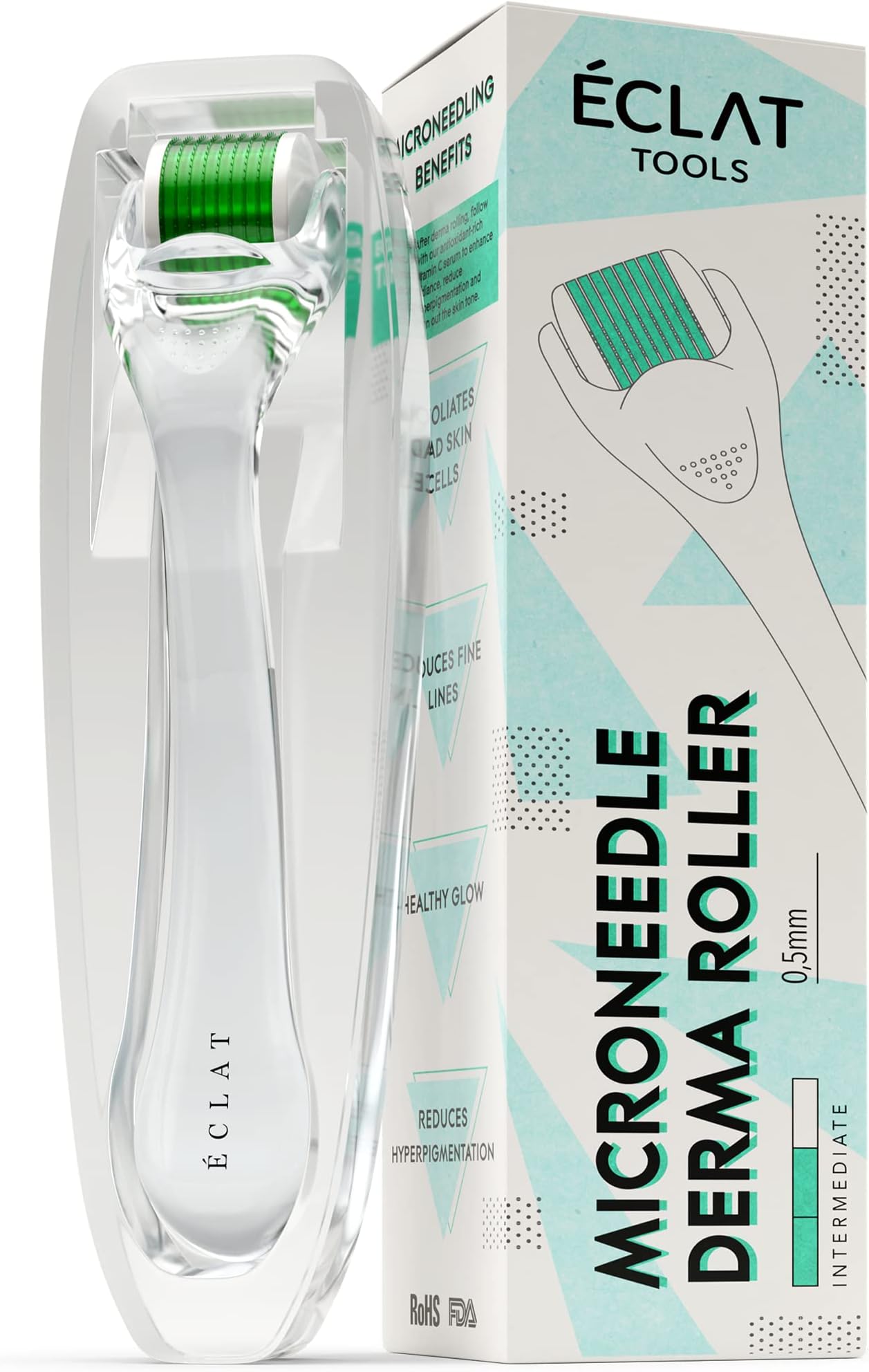 Eclat Skincare Derma Roller - Face Roller with 0.5mm Microneedling Roller for Men and Women - Derma Roller for Hair Growth & Beard, Titanium Micro Needles, Dermaroller Needling for Hair Growth