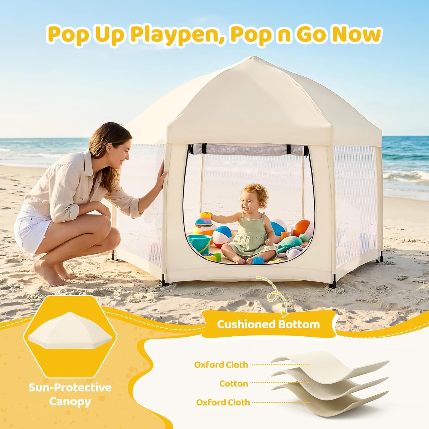 Dripex Pop Up Playpen, Foldable Pop and Go Outdoor Baby Playpen w/Built-in Safe Lock and Padded Floor, Portable Travel Play Pen and Beach Tent for Pack and Play | Removable Canopy | Travel Bag |Beige