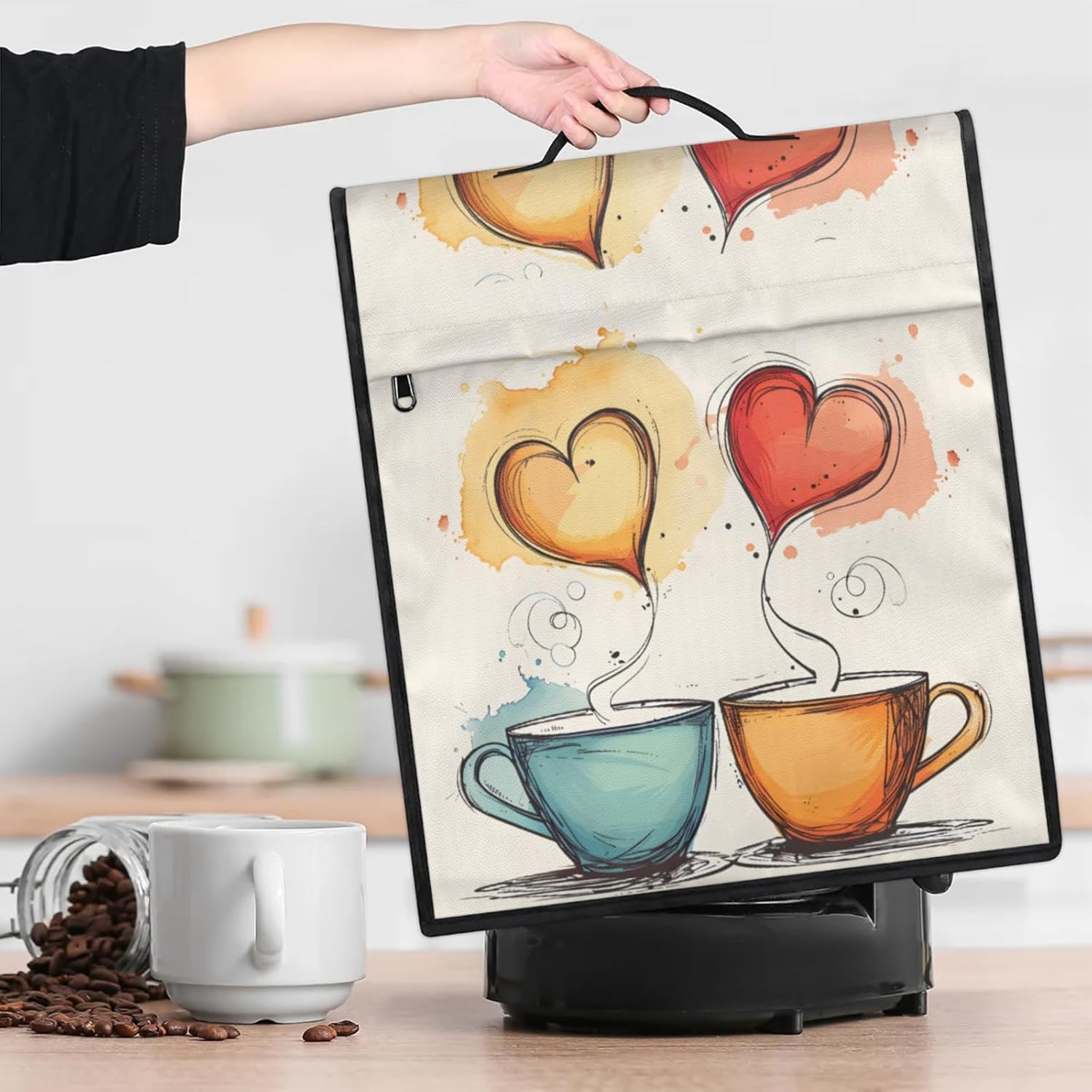 Kitchen Aid Mixer Cover, Dust Covers for Stand Mixer Coffee Maker, Kitchen Mixers Accessories Blender Covers with Top Handle and Zipper Pocket for Extra Appliances 6-8 Quarts (Hearts Coffee Cups)