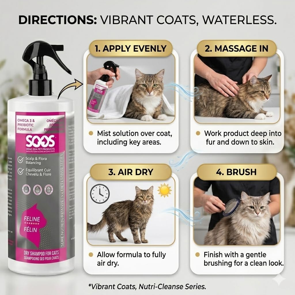 SOOS Nutri-Cleanse Waterless Cat Shampoo - Grooming Spray Omega-3 Enriched Dry Foam for Coat Deodorizing & Cleaning - 473ml