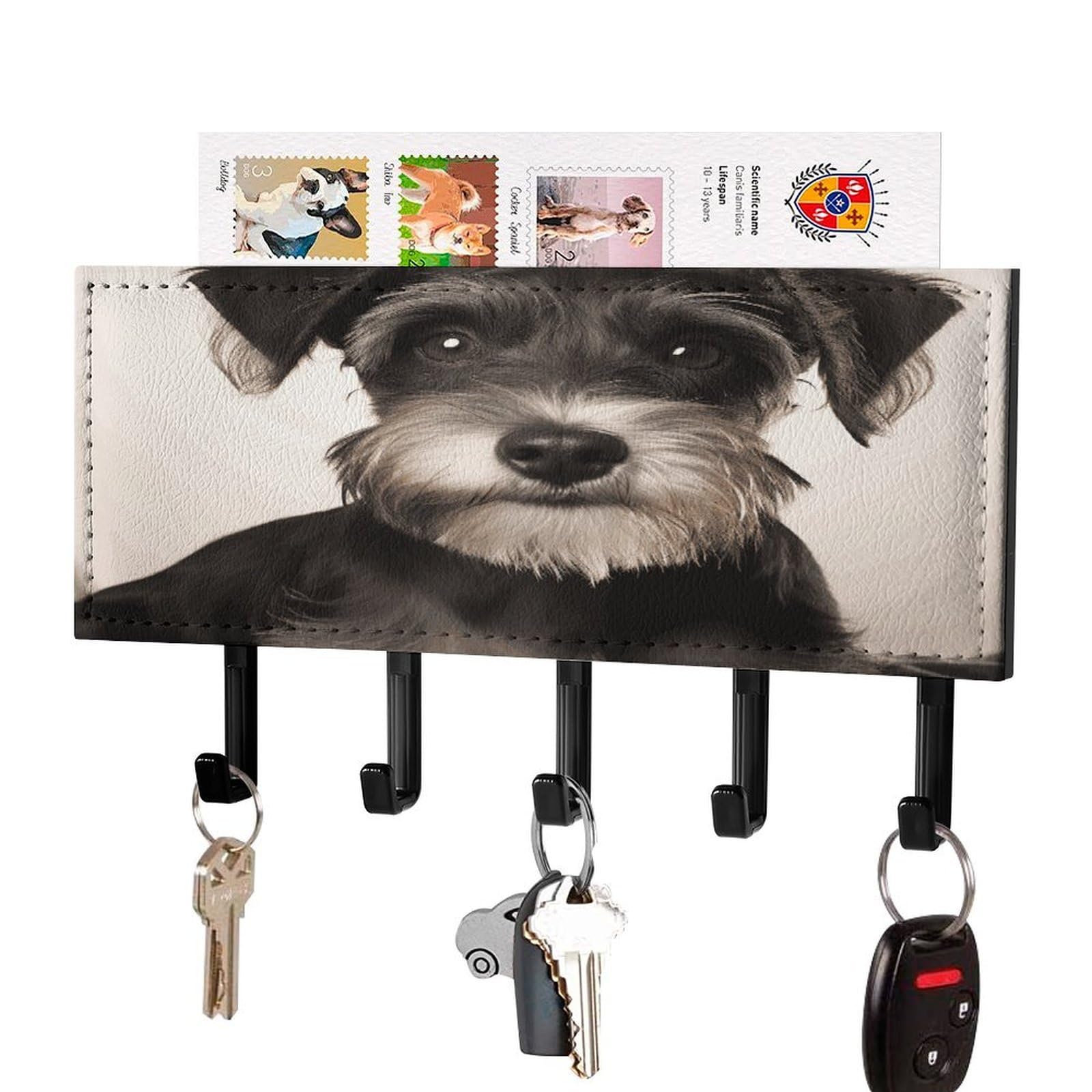 FekiLoot Cute Schnauzer Key Holder for Wall Decorative Mail Organizer with 5 Key Hook Self Adhesive Key Rack with Tray Coat Rack Wall Mount Key Hanger Decor for Entryway Door