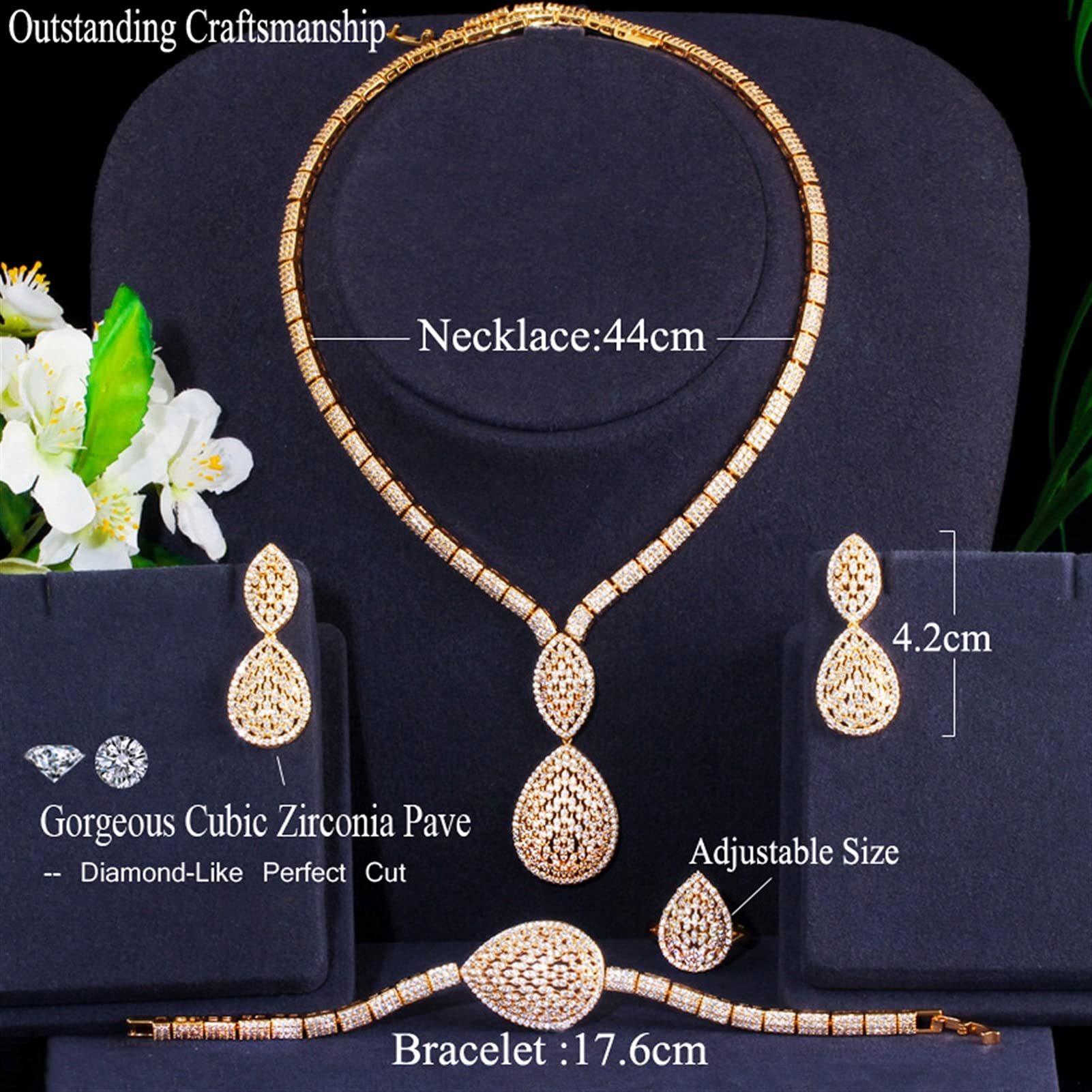 Schmuck Wassertropfen Frauen Party Ohrring Armband Ring Halskette 4 Stück Sets Gold Hochzeit Kostümschmuck