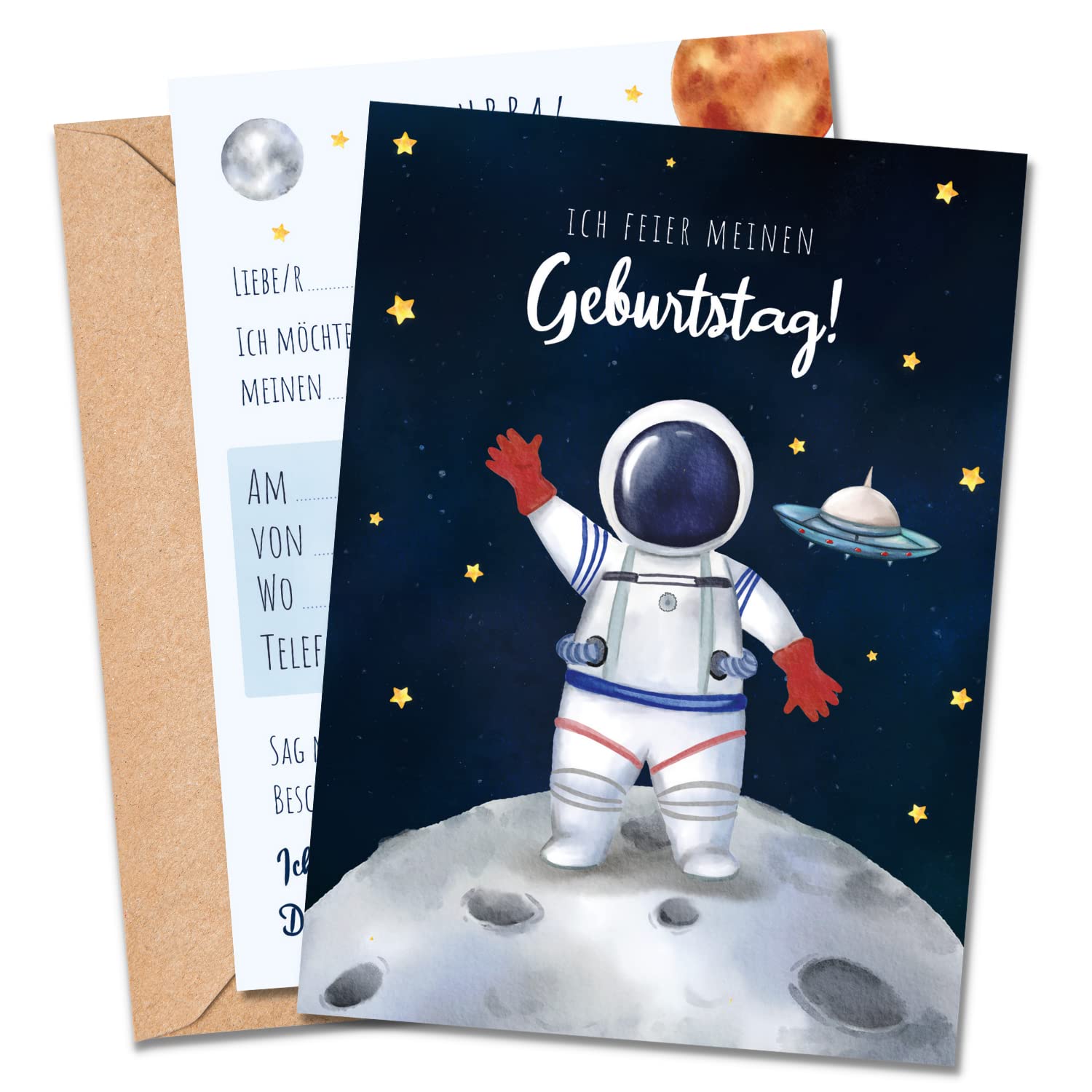MeinBaby123® 10 Einladungskarten Kindergeburtstag Jungs | süße Geburtstagseinladungen für Kinder | Astronaut Einladungskarten | inkl. 10 Briefumschläge | Premium Qualität (Astronaut V1)