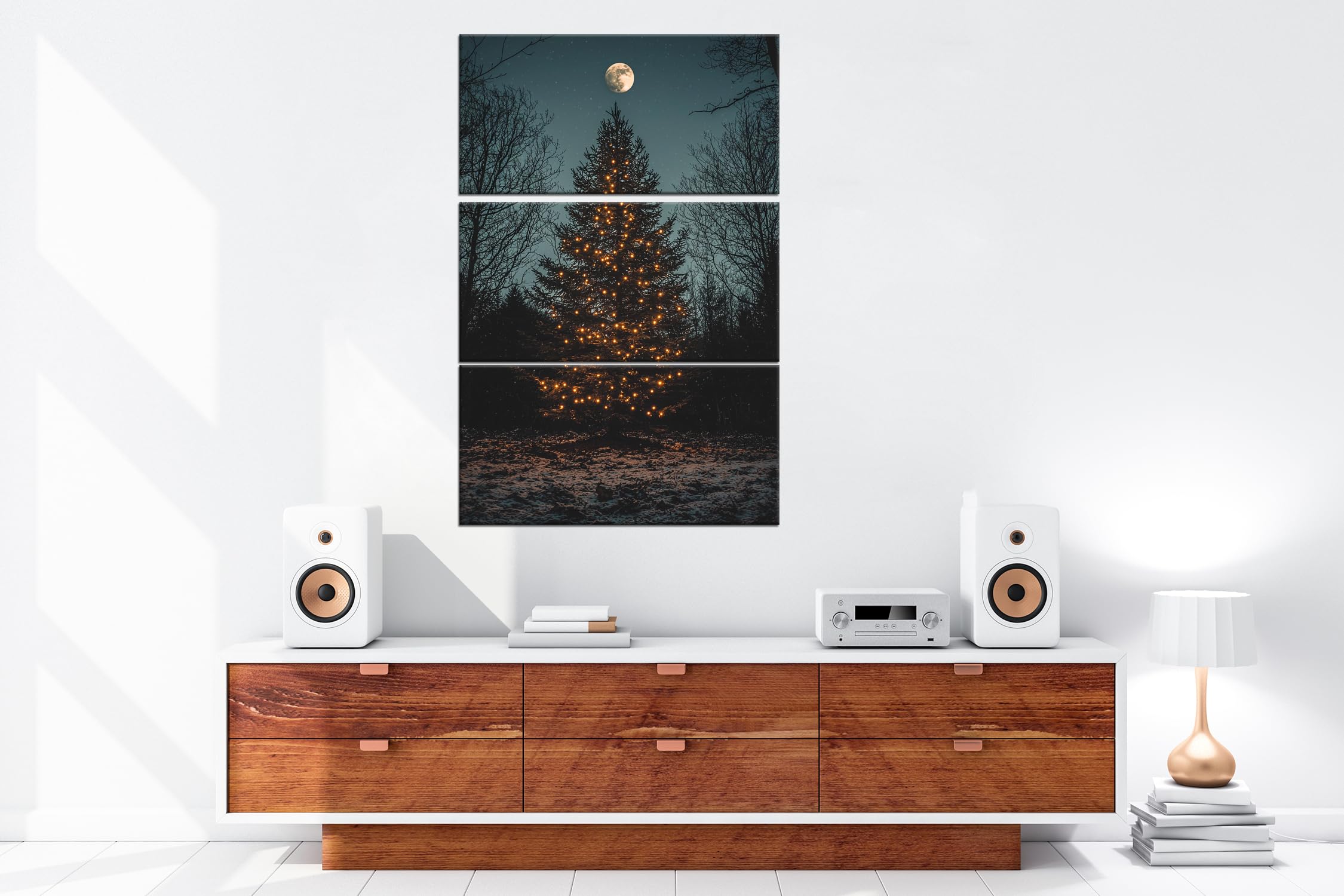 Sapin de Noël brillant sous la pleine lune pendant la nuit d'hiver Format : 120 x 80 cm (3 pièces) Impression d'art XXL sur cadre en bois/peinture murale/décoration de salon