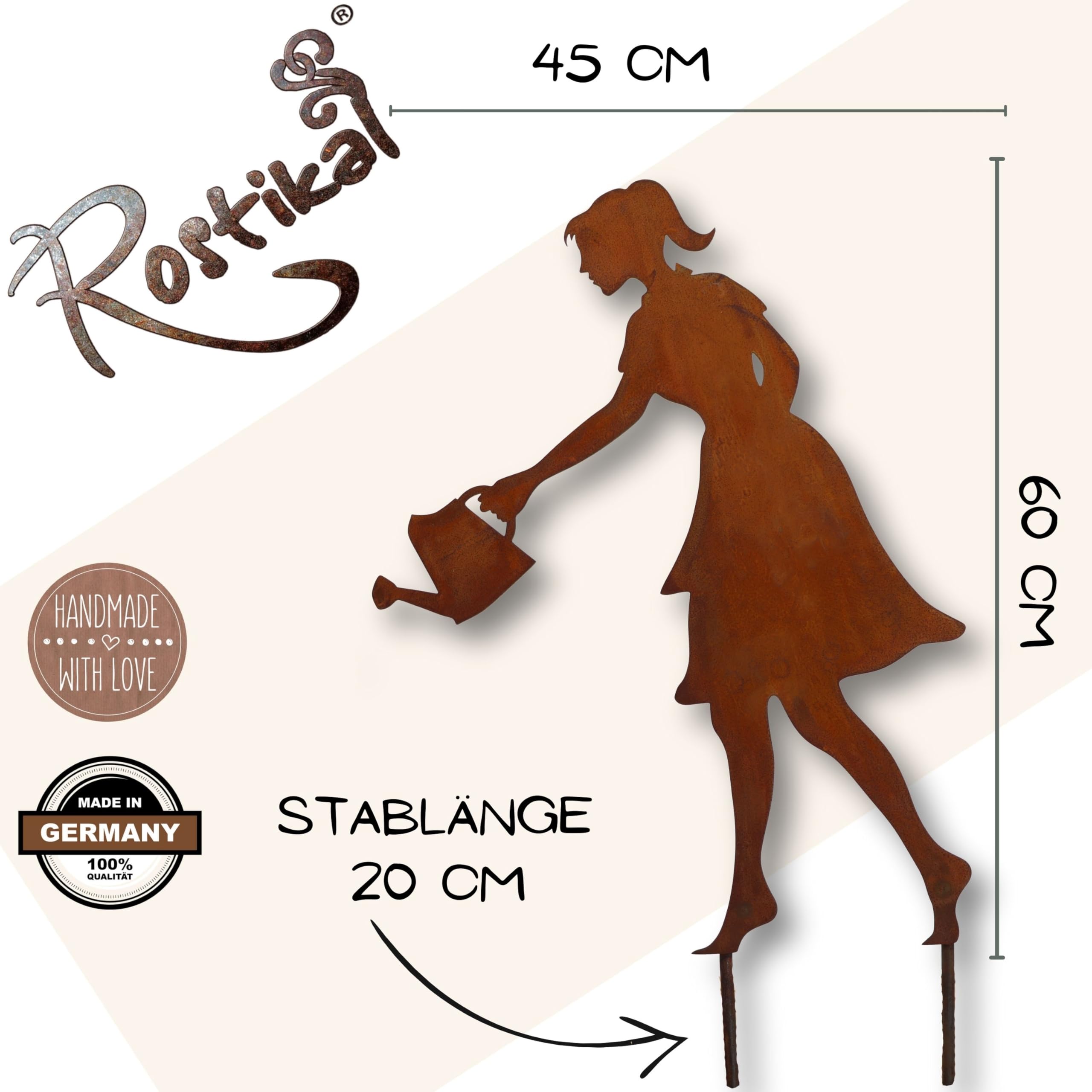 Rostikal Gartenstecker Gärtnerin 60 cm – Perfekte rostige Rostfigur als Beetstecker, wetterfeste Gartendeko für Outdoor – Einzigartiges Geschenk in Rostoptik