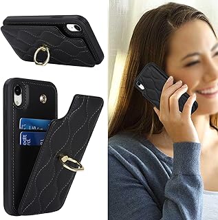 Cavor iPhoneXR 手帳型ケース 背面ポケット付き iPhone XR 財布型 ケース アイホンXR スマホケースカードポケット【上下開】iPhone XR 携帯ケース薄型 iPhone10R case カード収納 360°回転リング 可愛い 免許証とクレジットカード 横置 Qi急速充電対応 磁気機能 落下防止 指紋防止- ブラック