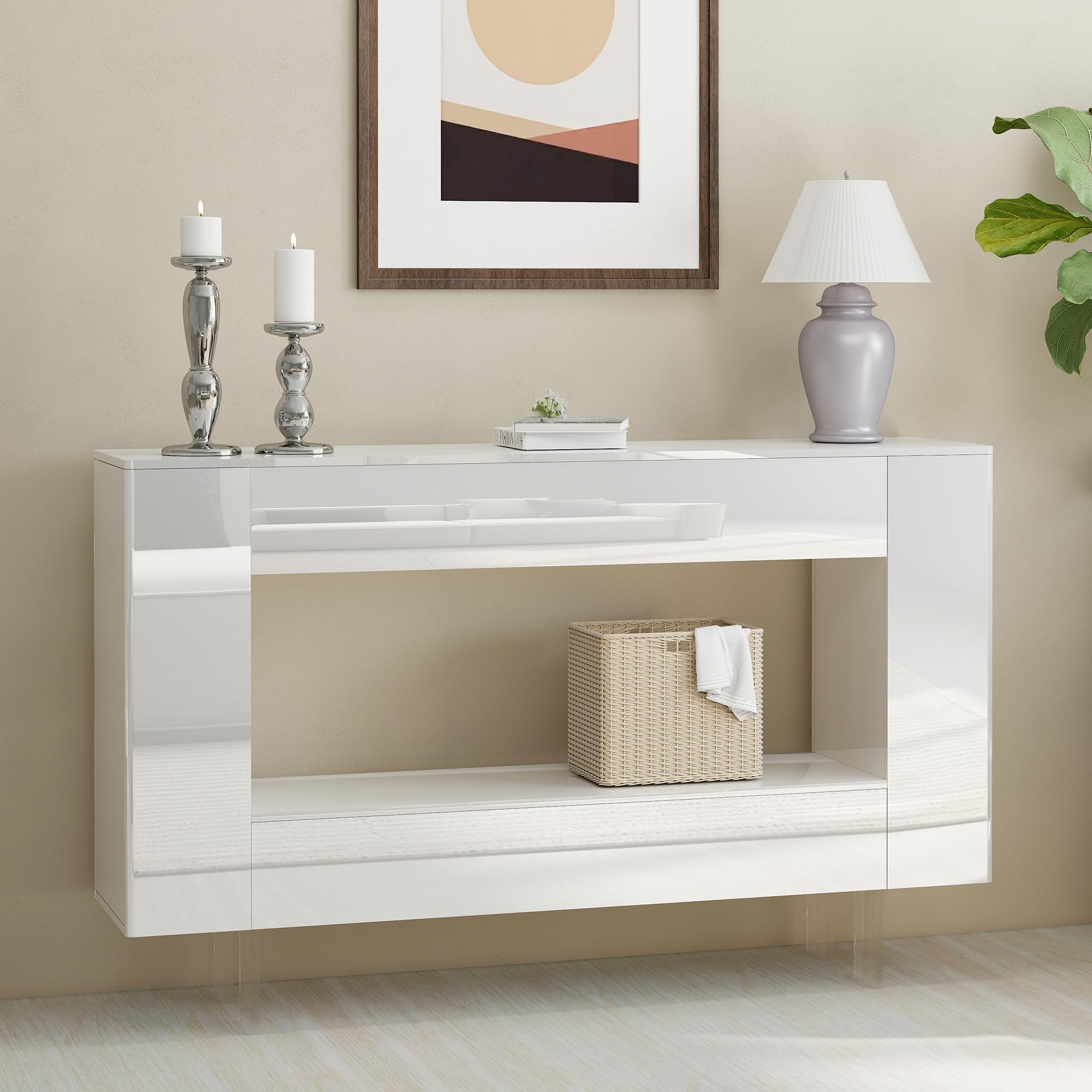 Vavkorkula 47" High Gloss Console Table with Hidden Side Storage Cabinets, Adjustable Shelves, Modern Entryway Sofa Table for Behind The Couch, Living