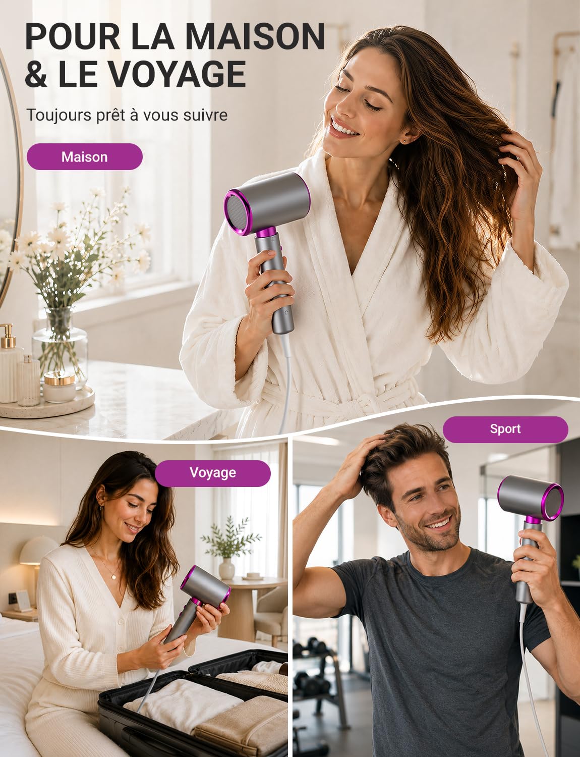 Sèche Cheveux 2400W Séchage Rapide Ionique avec Diffuseur Boucles | 3 Températures 2 Vitesses Air Froid Concentrateur Léger et Compact pour Brushing Maison Voyage
