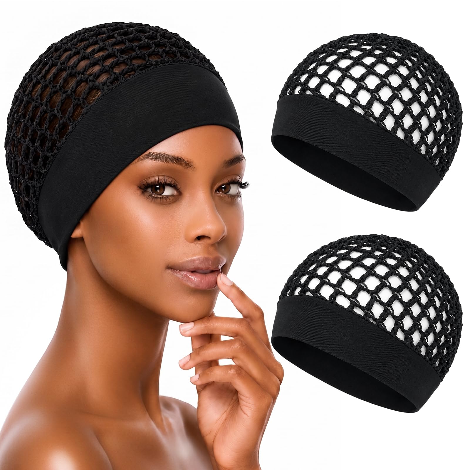 2Pcs Hair Nets for Sleeping Ultra-Wide Soft Band Crochet Hair Wrap Breathable Hairnet for Women Reusable Elastic Sleep Cap（Black，Black）