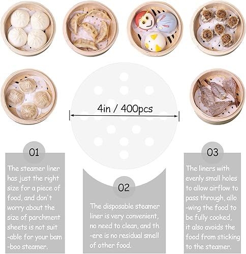 Miniatura 2 de 400 revestimientos pequeños de bambú para vapor, papel de vapor antiadherente para bollos al vapor (4 pulgadas)