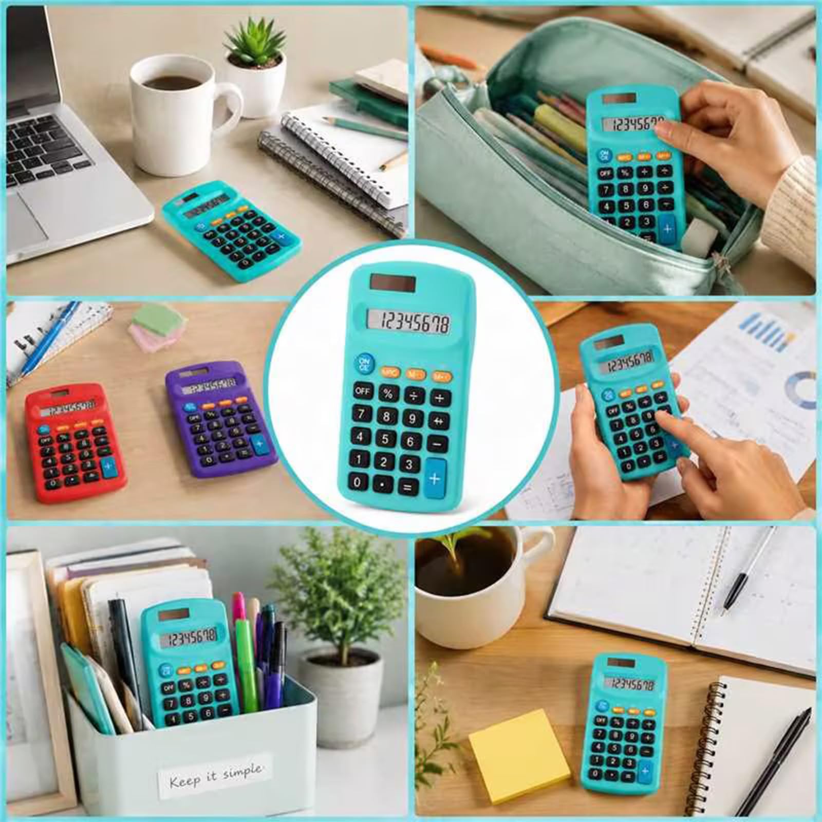 Calculatrice de poche à écran 8 chiffres - Calculatrice de base solaire - Mini calculatrice à double alimentation pour bureau, maison, bureau, école, enfants, 6 couleurs (18 pièces)