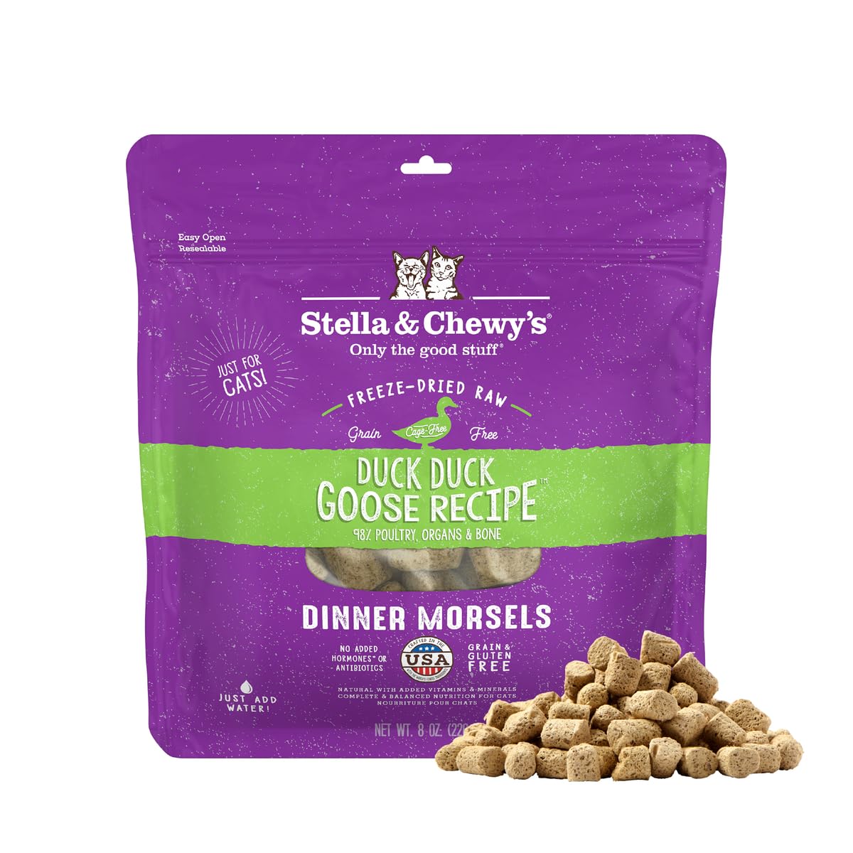 Stella & Chewy's Freeze-Dried Raw Cat Dinner Morsels - Premium Duck & Goose Recipe with 98% Cage-Free Poultry & Organs - Natural Grain-Free Cat & Kitten Food - Made in USA - 8 oz
