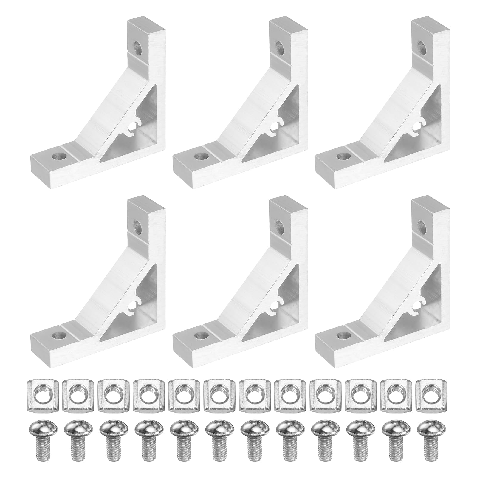 sourcing map 6Set 90 Degree Angle Corner Brackets, 2020 Series Aluminum Extrusion Profile Accessories, Corner Brace Joint Connectors with Mounting Screws and Nuts, Silver, 53mm x 53mm x 15mm