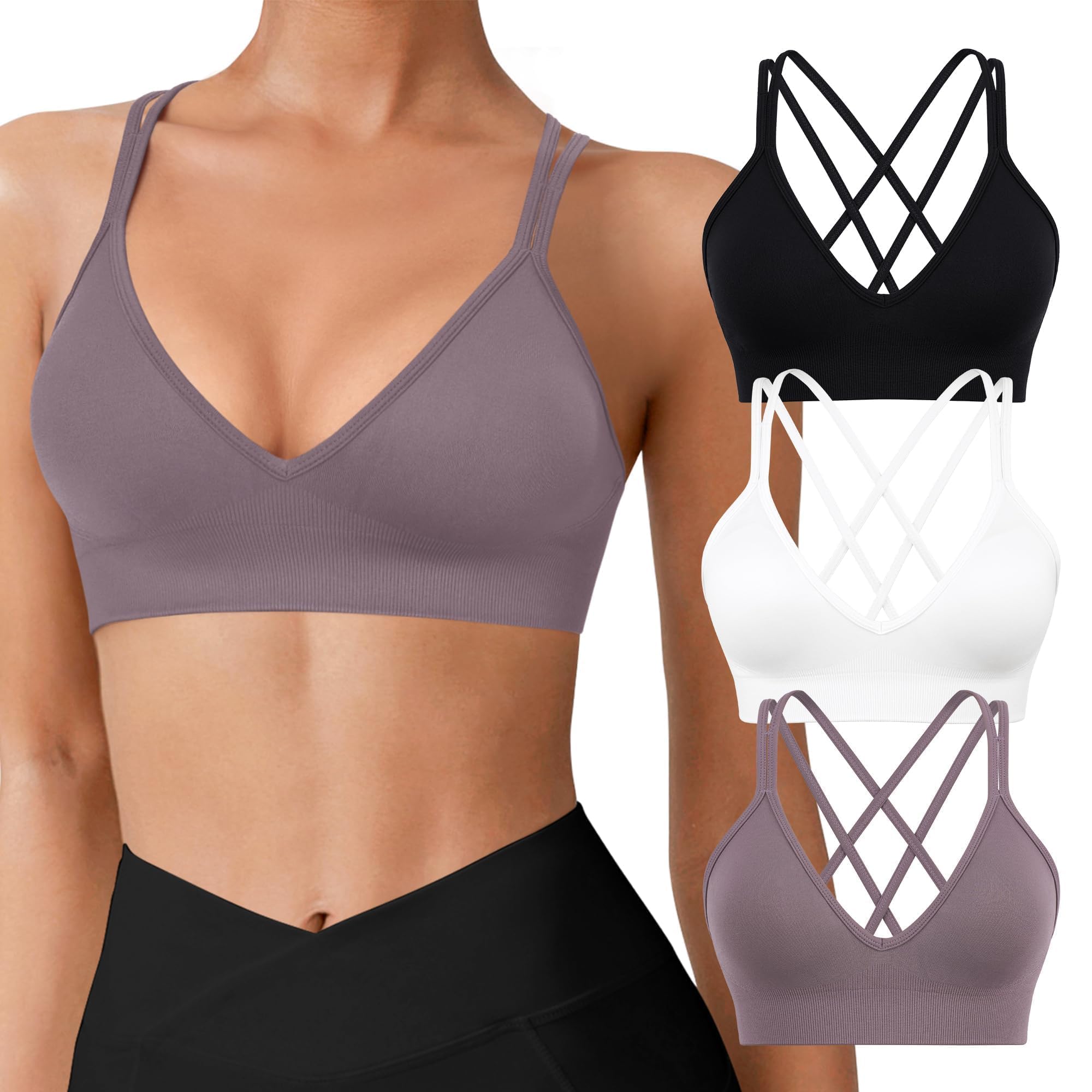 VEQKING Seamless V-Neck Cross Back Women Sports Bra for Small Chest, 3 Pack