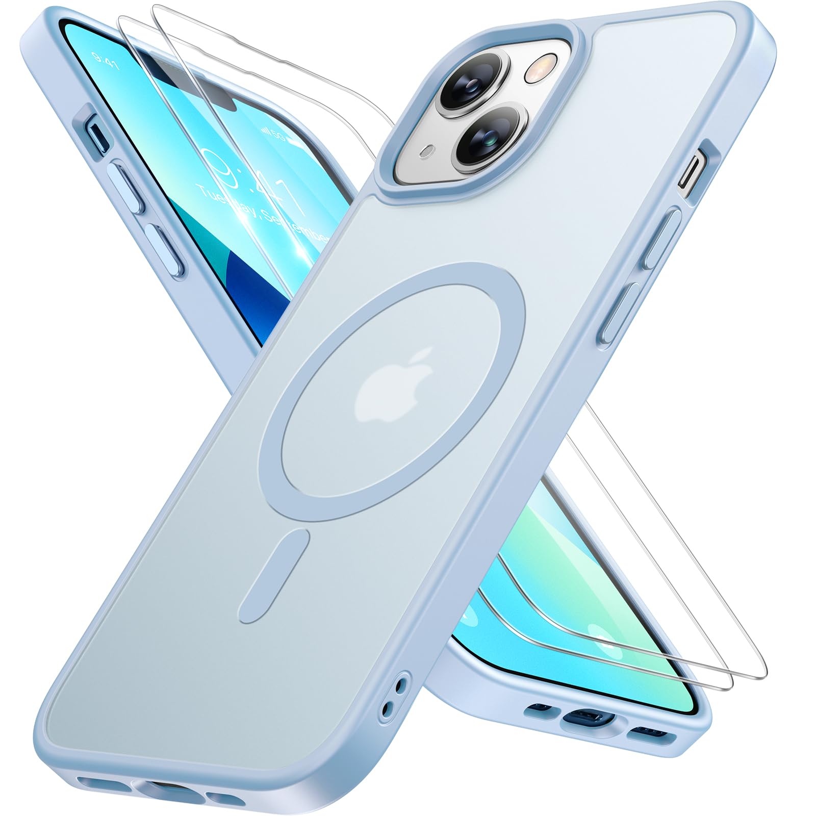 Miracase Magnetic for iPhone 13 Case 6.1 inch (Compatible with MagSafe)（with 2X Screen Protectors） Military-Grade Protection, Anti-Fingerprint Translucent Matte Phone Case Cover, Light Blue