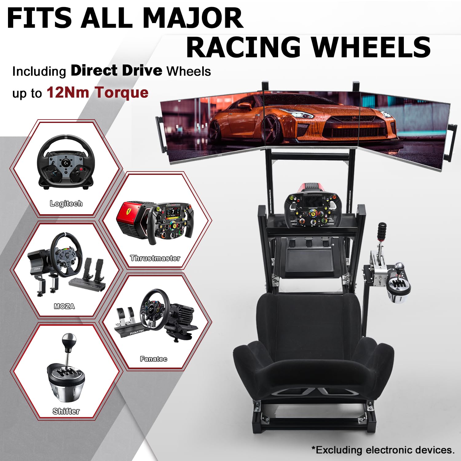 Supllueer 8040 Aluminum Racing Simulator Cockpit with 3 Monitor Stand and Black Seat,Universal and adjustable Cockpit, Compatible with Logitech/Thrustmaster/Fanatec/Moza Direct Drive Motors Wheels