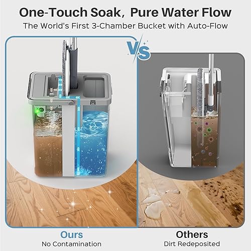 Miniatura 2 de Juego de trapeador y cubo con bomba automática, trapeador de piso de agua sucia y limpia separada de 3 zonas, sistema de trapeador plano y cubo con