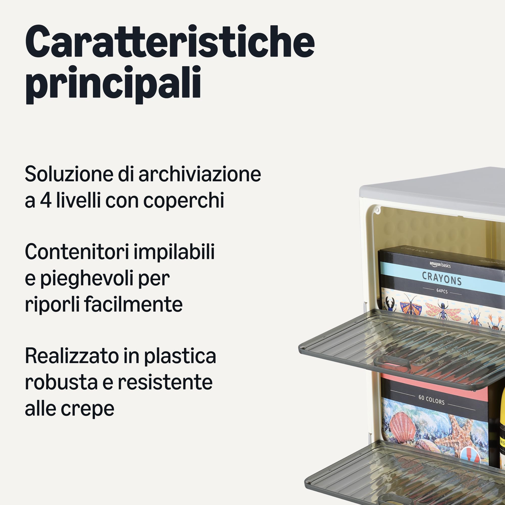 Amazon Basics Contenitori di Stoccaggio Impilabili a 4 Ripiani con Ruote, 21,7L per Ripiano, Contenitori Pieghevoli con Coperchi, 82.6 x 39.1 x 27.2 cm, Grigio/Beige