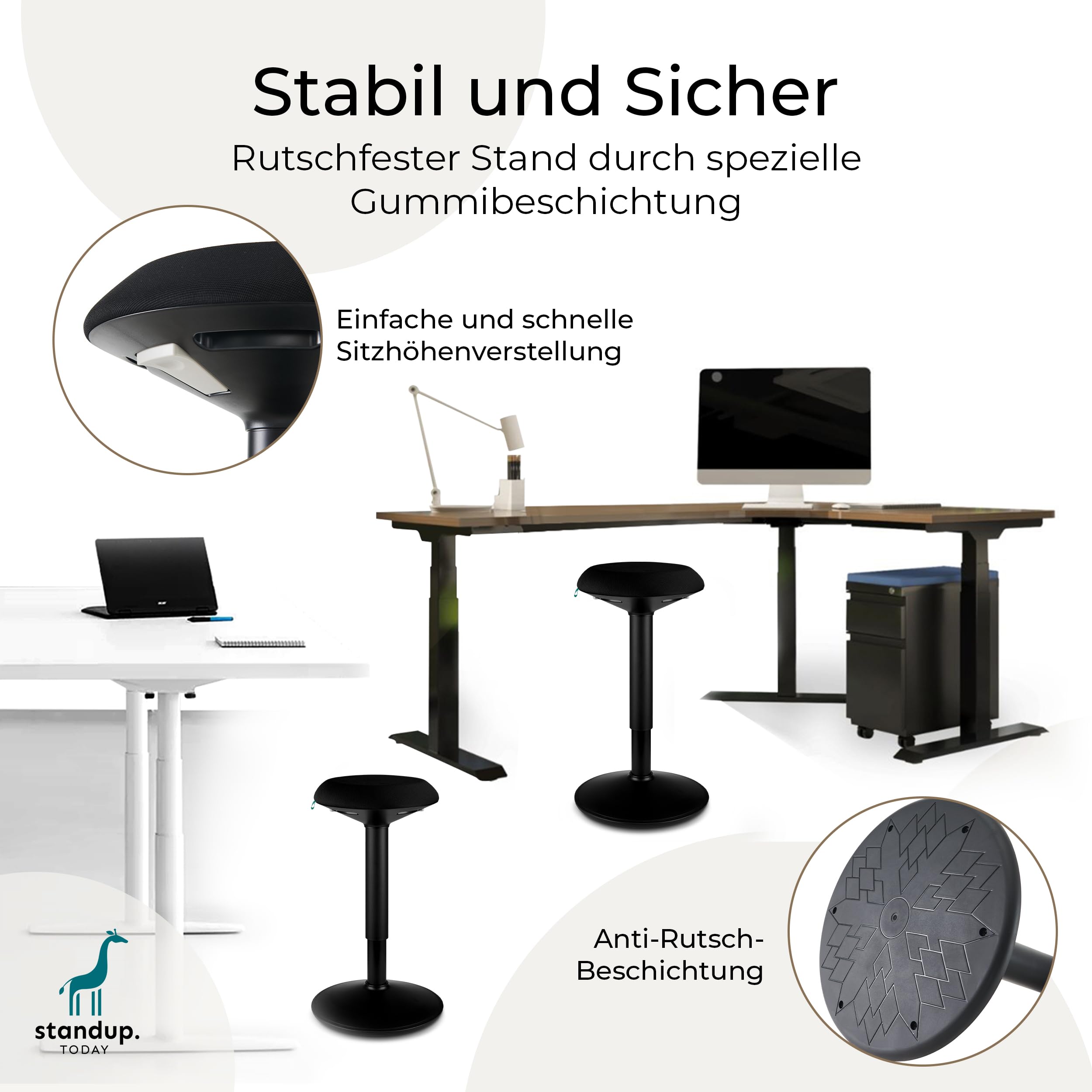 standup.Today Wackelhocker Ella (Schwarz/Schwarz) – Sitzhocker höhenverstellbar 55-80 cm – Ergonomischer Hocker für Büro & Zuhause – Bürohocker mit Schwingeffekt – Schreibtischhocker