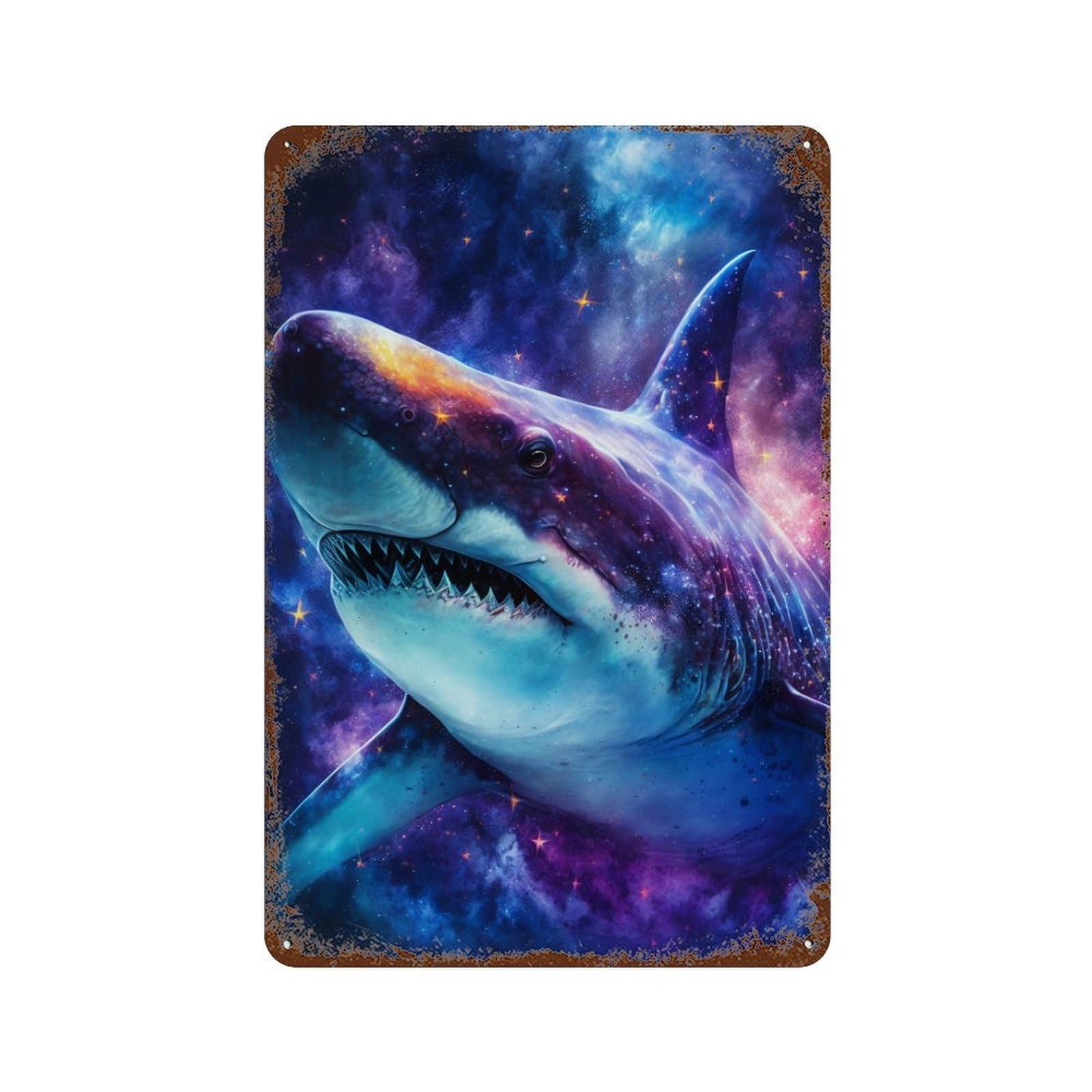 Galactic Shark Art Print Decorative Tin Sign 11.8"x7.9", Shabby Chic Decor for Garage, Pub Or Kitchen