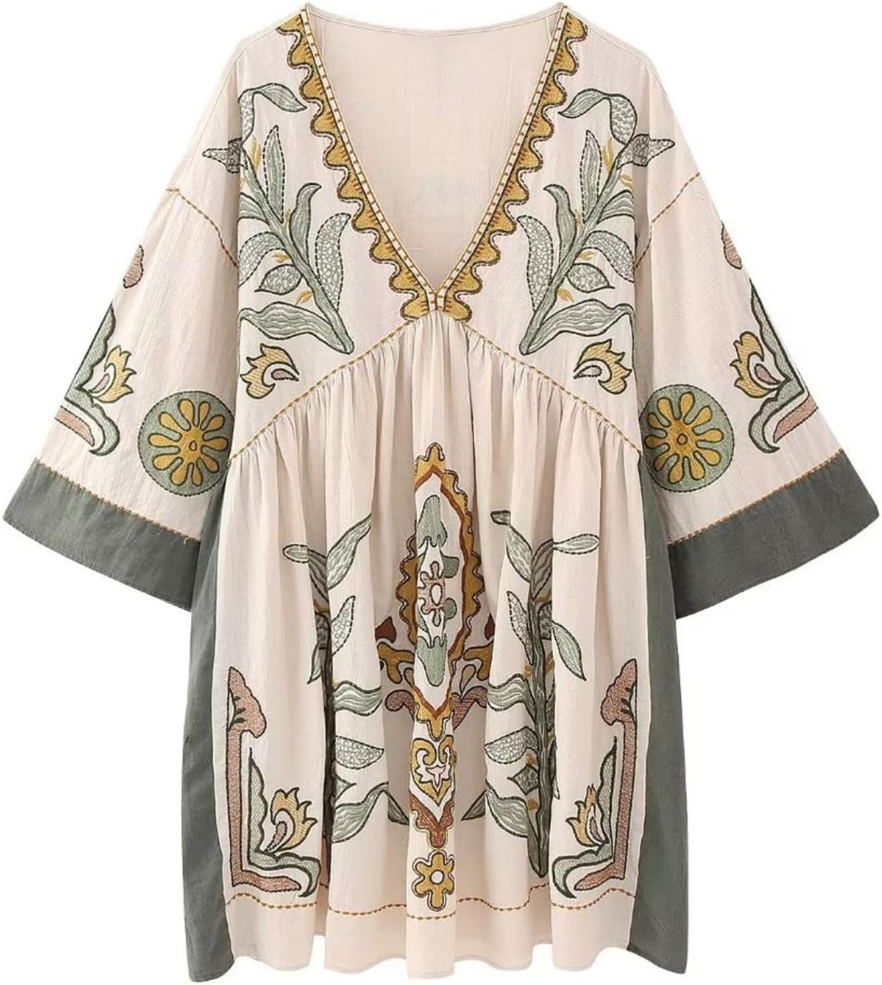 Womens Oversized Embroidered Dress with V-Neck and 3/4 Sleeves Vintage Embroidery Babydoll Dress - Image 5