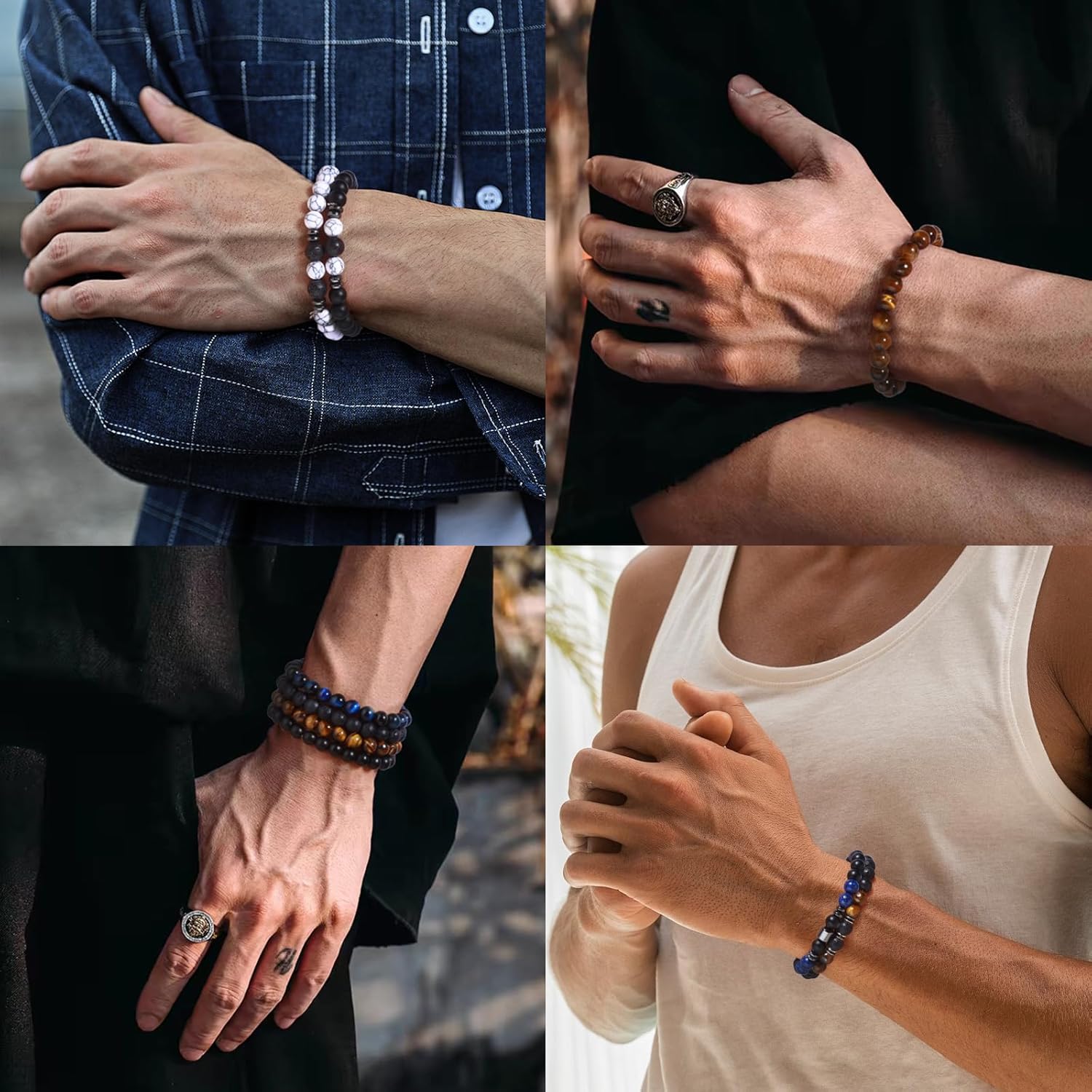 Giovanchi 4-12PCS Bracelets for Men, 8MM Mens Bracelets Lava Rock Black Obsidian Howlite Tiger Eye Beaded Natural Stone Bracelet Jewelry Gifts for Birthday Christmas - Image 4