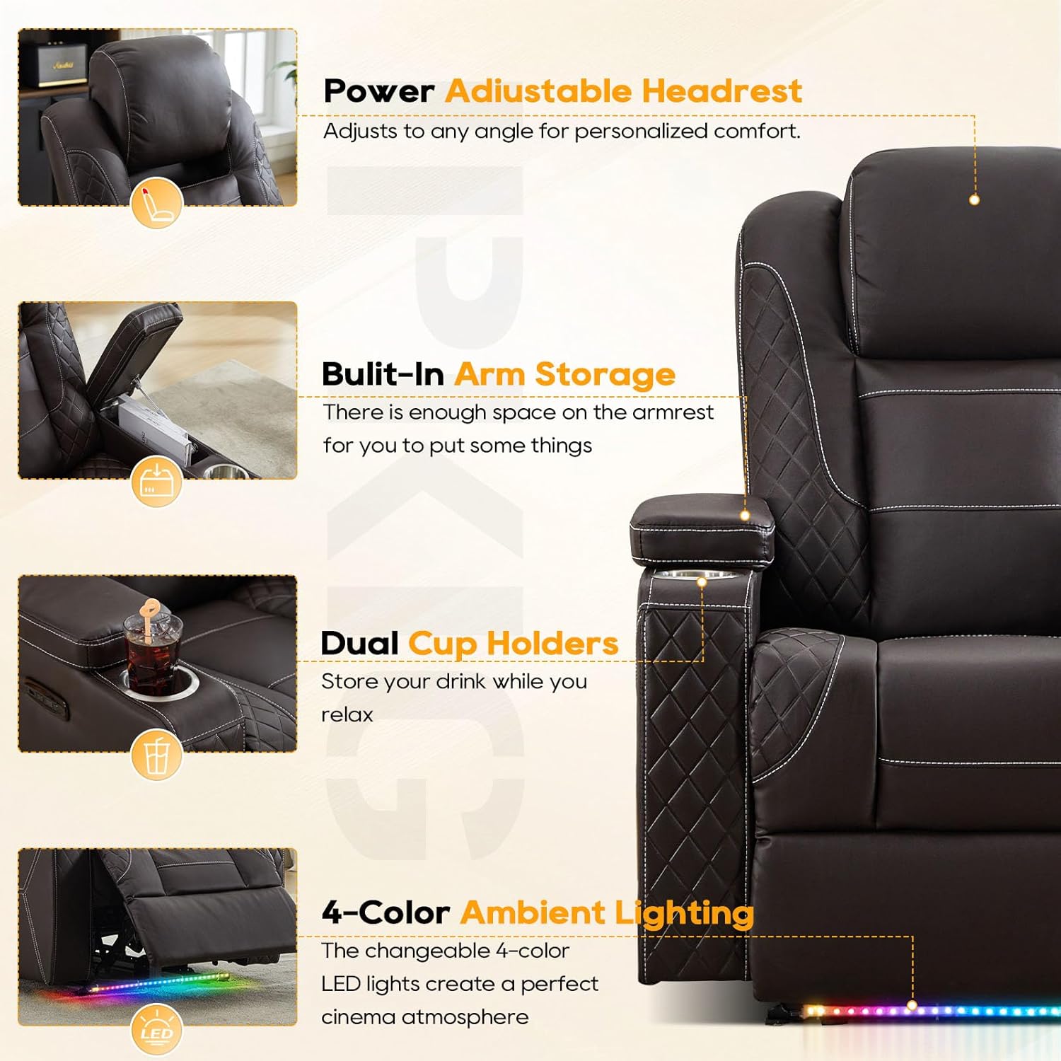 IPKIG Homer Theater Seating Recliner, Power Recliner Chair with Adjustable Powered Headrest, 4 Colors Ambient Lightings, Hidden Arm Storage, USB Port, Side Pockets and Cup Holders (Brown, Row of 1)